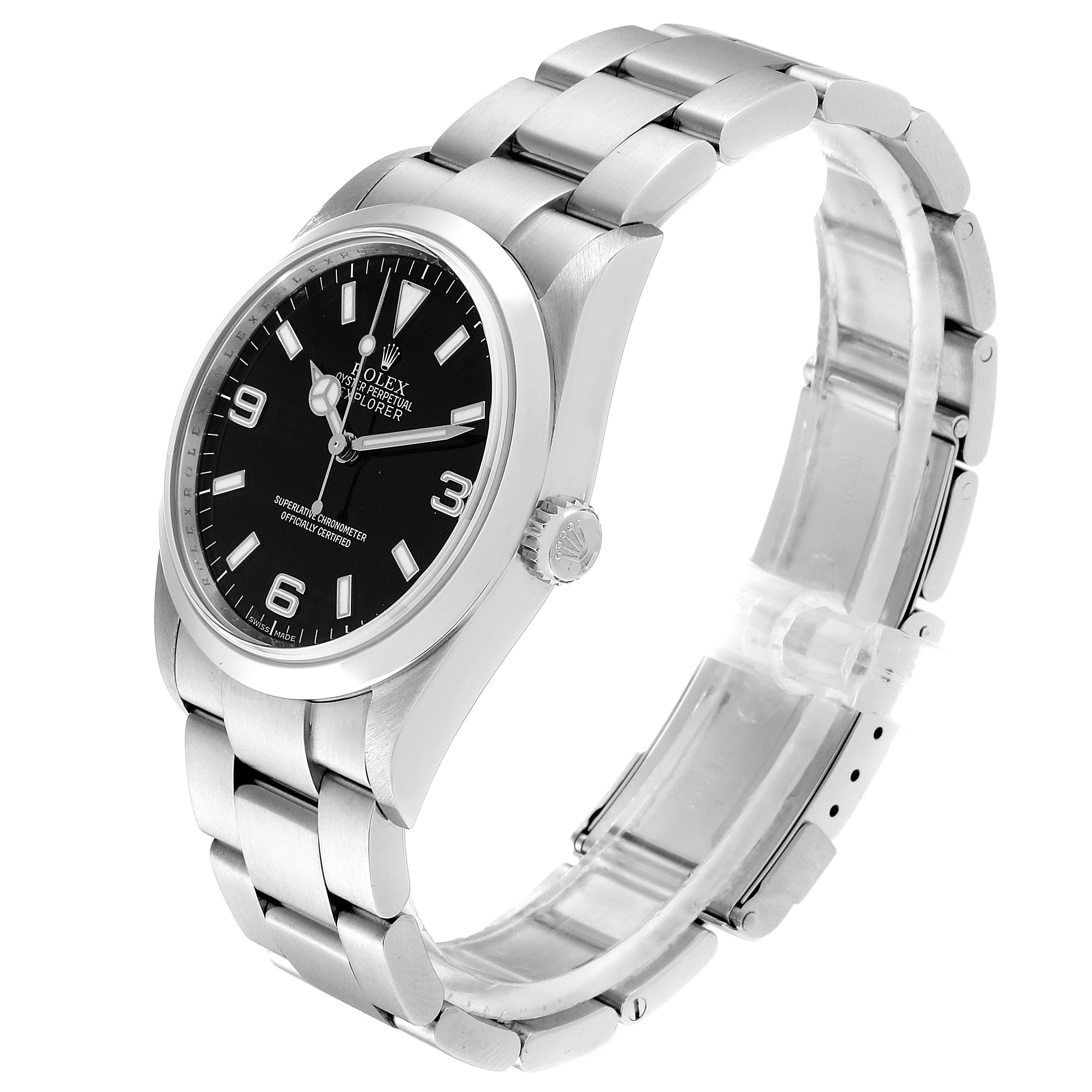 The image shows a Rolex Explorer 114270 Men
s Stainless Steel Black Dial 114270 Men
s Stainless Steel Black Dial watch at an angled side view, highlighting the face, bezel, crown, and bracelet.