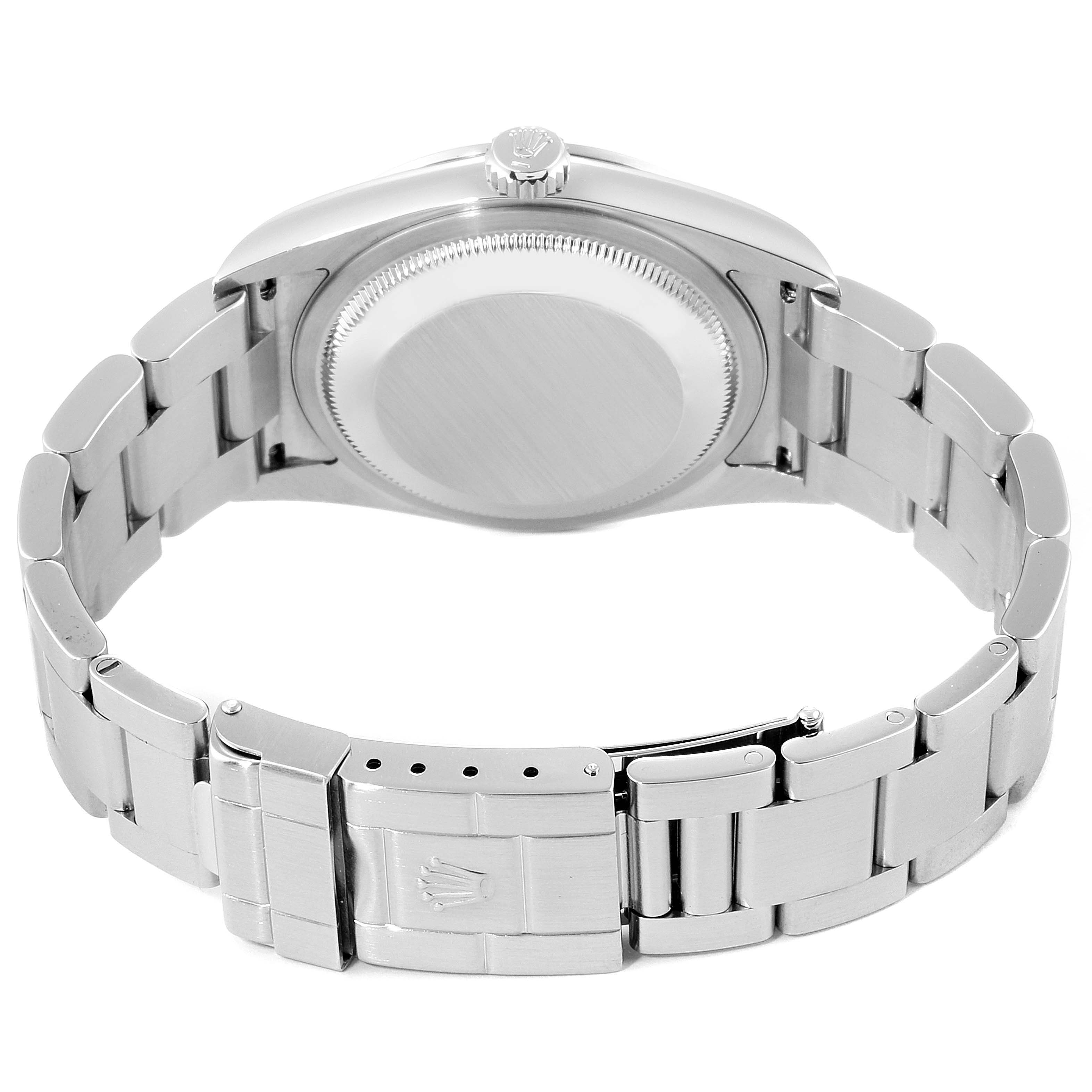 The image shows the back case and bracelet of a Rolex Explorer 114270 Men
s Stainless Steel Black Dial 114270 Men
s Stainless Steel Black Dial watch, including the clasp and crown.