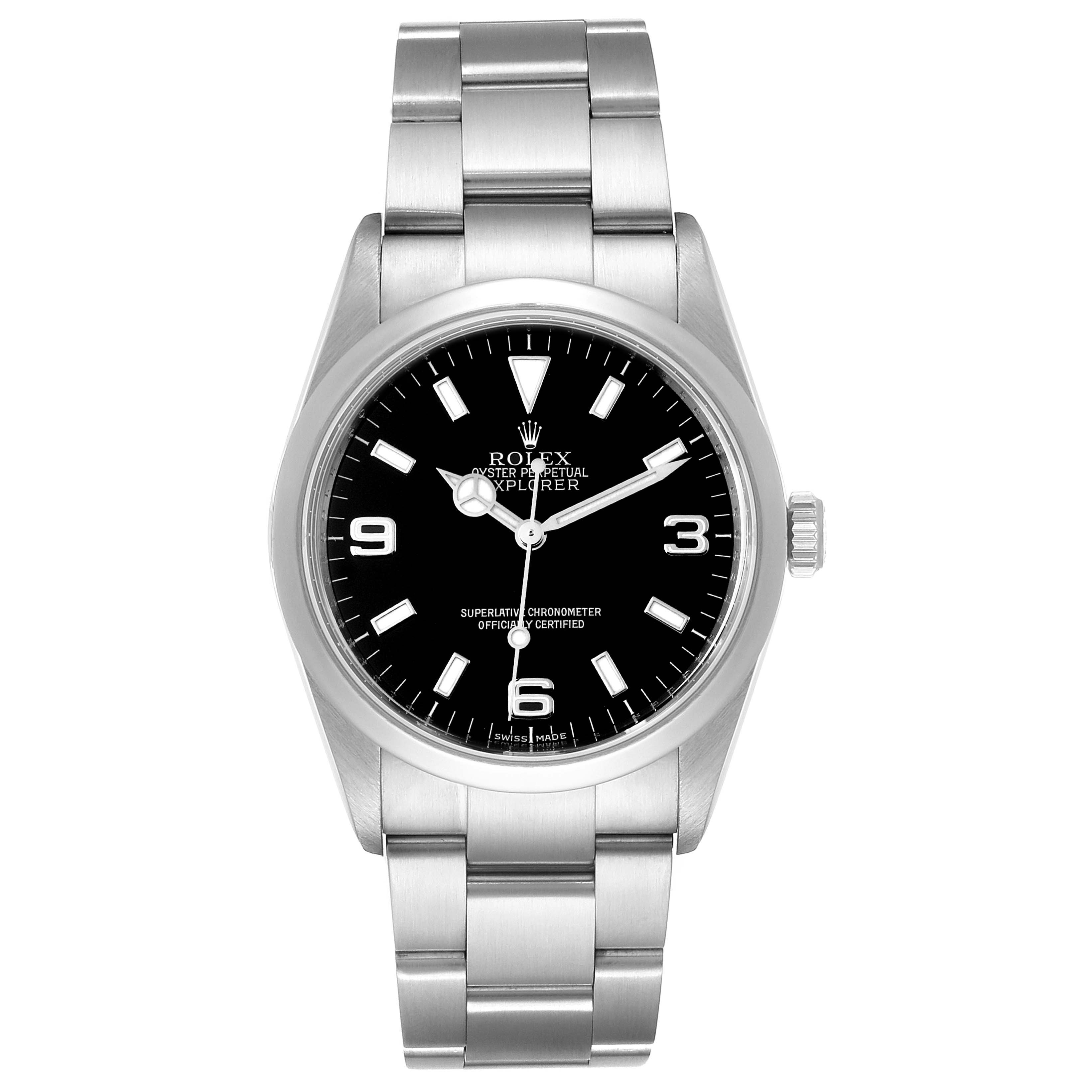 The image shows a front view of a Rolex Explorer 114270 Men
s Stainless Steel Black Dial 114270 Men
s Stainless Steel Black Dial model watch, showcasing its face, bezel, and bracelet.