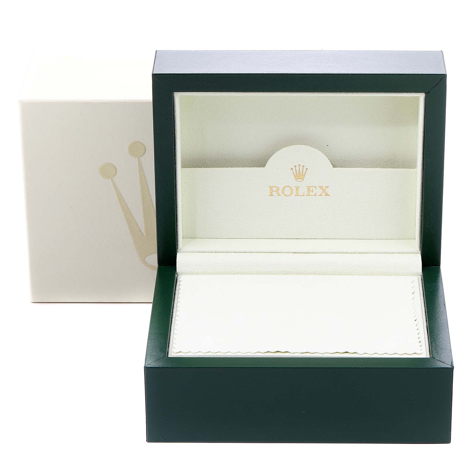 The image shows an open box for a Rolex Explorer 114270 Men
s Stainless Steel Black Dial 114270 Men
s Stainless Steel Black Dial watch, featuring a green exterior and a white interior with the Rolex logo.