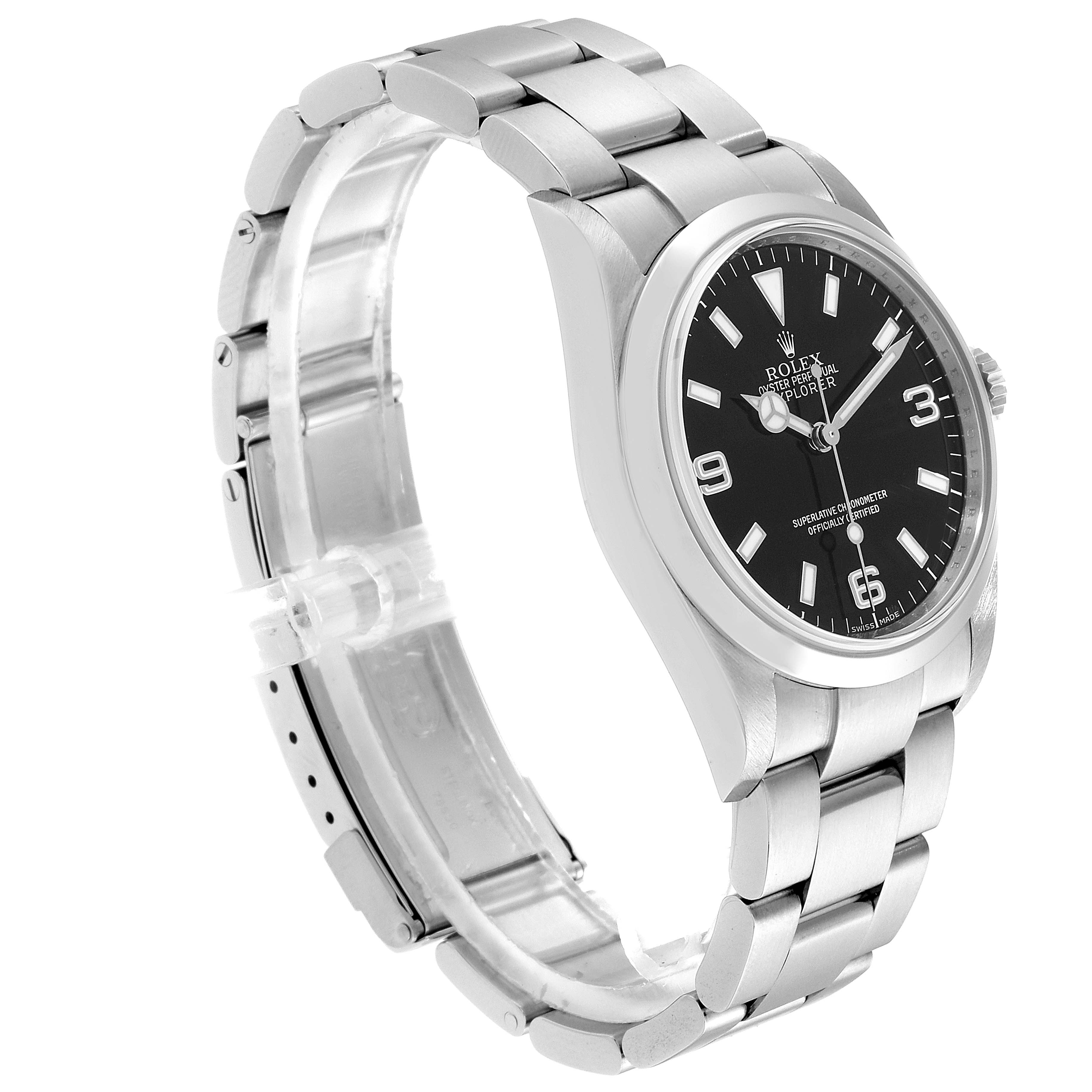 The Explorer model by Rolex is shown at a three-quarter angle view, highlighting the bracelet, case, and dial.