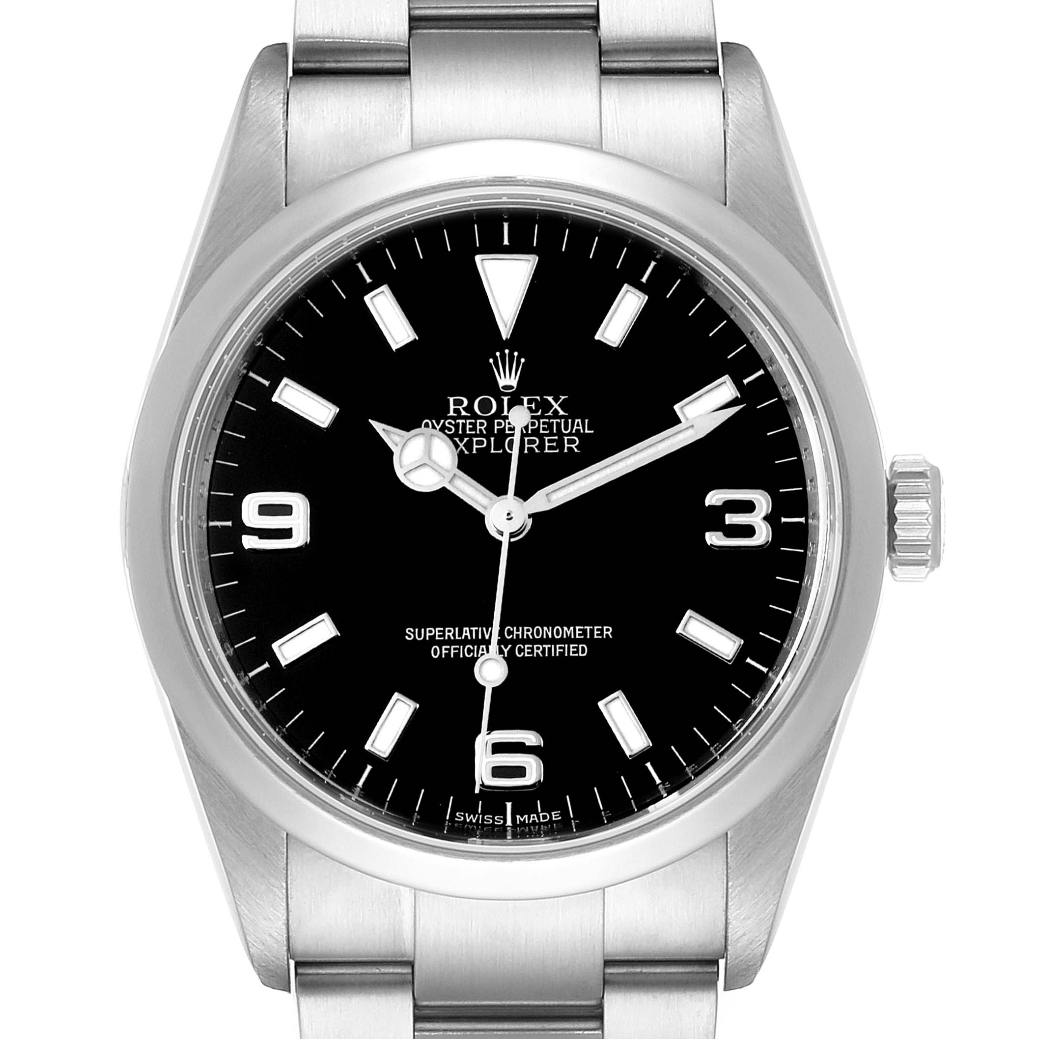 The image shows the front view of a Rolex Explorer 114270 Men
s Stainless Steel Black Dial 114270 Men
s Stainless Steel Black Dial watch, displaying the dial, hands, bracelet, and crown.