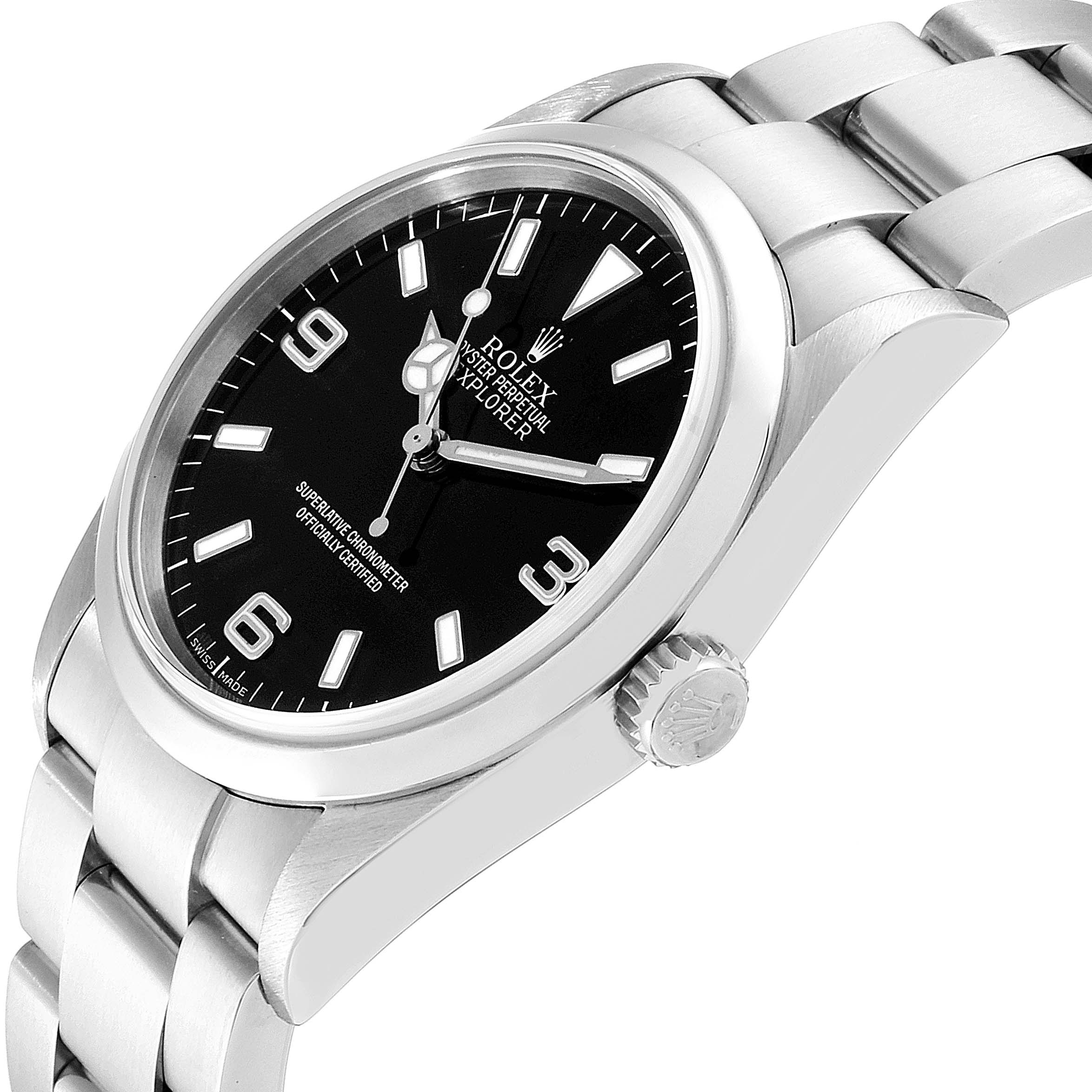 This image shows a side view of a Rolex Explorer 114270 Men
s Stainless Steel Black Dial 114270 Men
s Stainless Steel Black Dial watch, highlighting its bracelet, crown, and partial face.