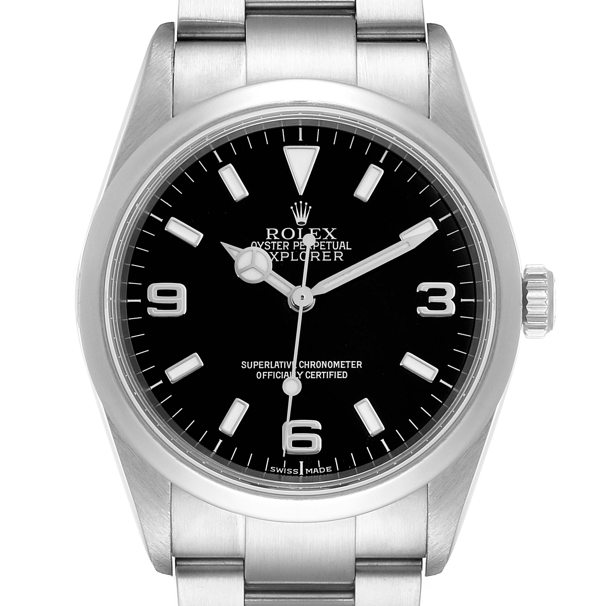 The image shows a front view of the Rolex Explorer 114270 Men
s Stainless Steel Black Dial 114270 Men
s Stainless Steel Black Dial watch, highlighting the dial, hour markers, hands, and bracelet.