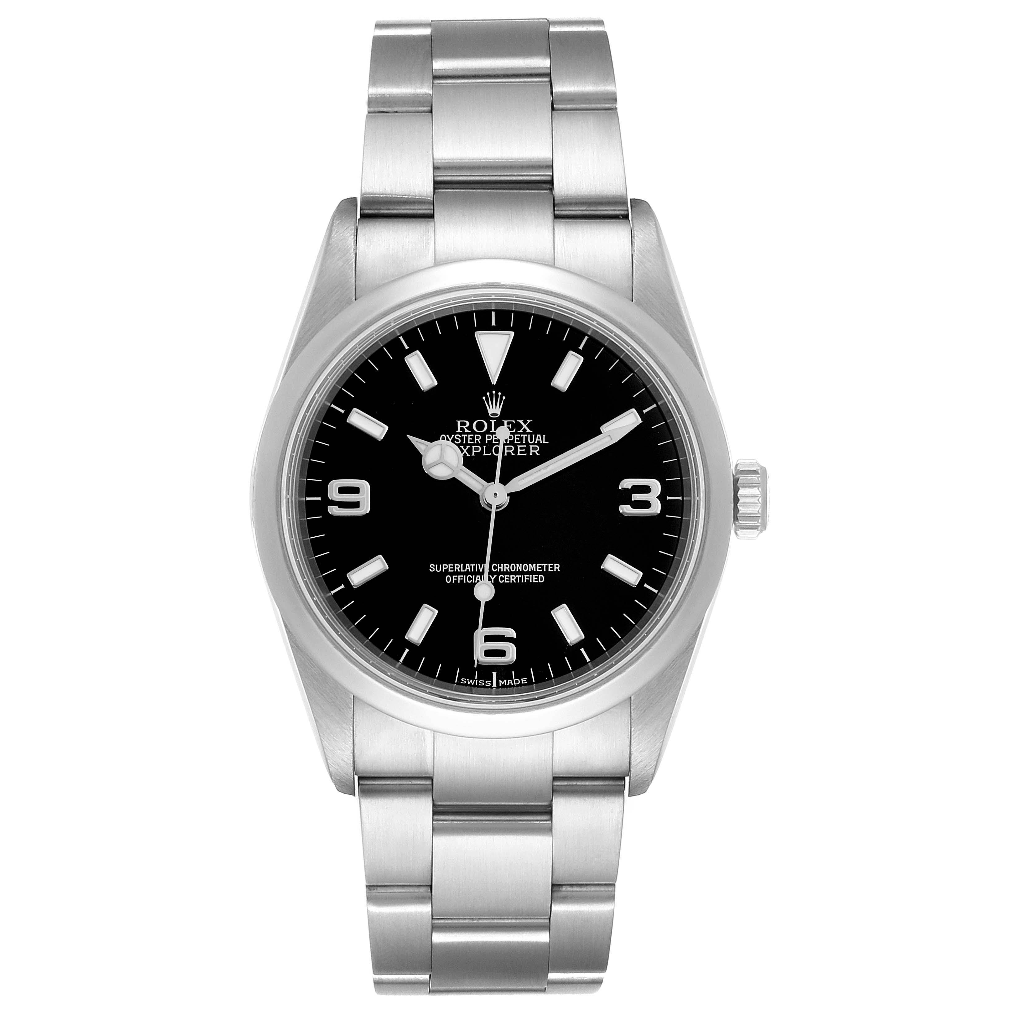 This image shows a front view of a Rolex Explorer 114270 Men
s Stainless Steel Black Dial 114270 Men
s Stainless Steel Black Dial watch, displaying the dial, hands, and bracelet.