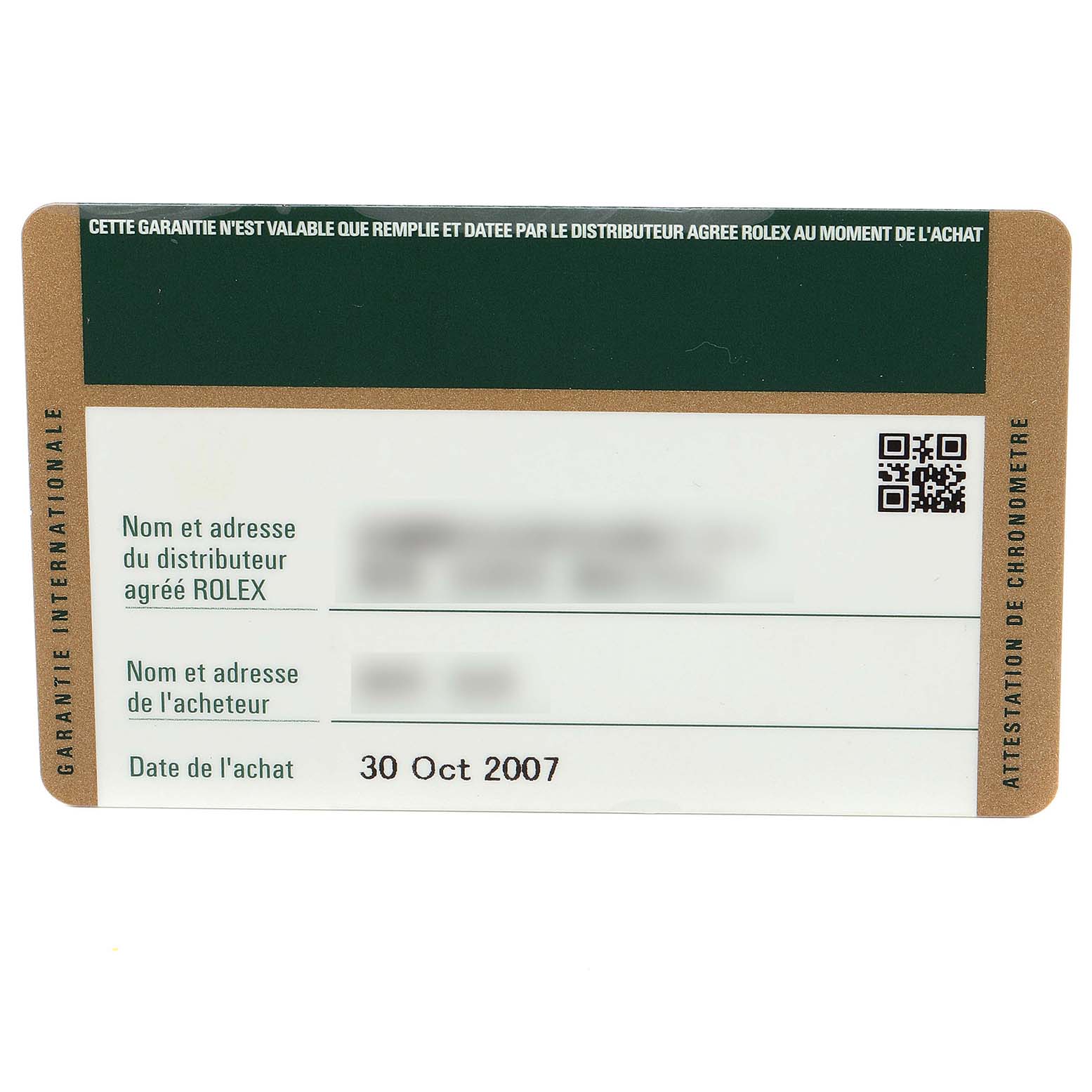 The image shows an official warranty card for a Rolex Explorer 114270 Men
s Stainless Steel Black Dial 114270 Men
s Stainless Steel Black Dial watch, featuring the purchase date and dealer information.