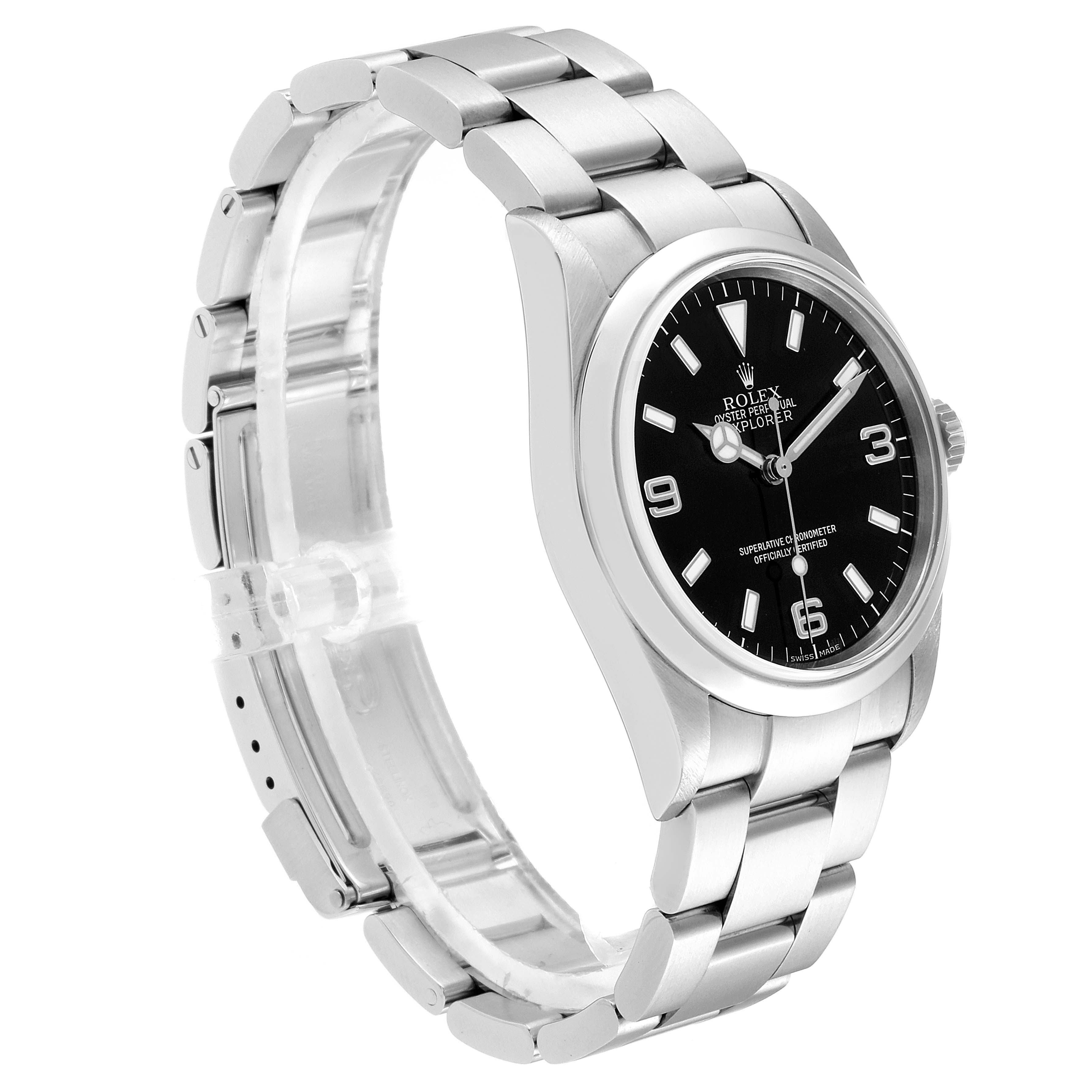 The Rolex Explorer 114270 Men
s Stainless Steel Black Dial 114270 Men
s Stainless Steel Black Dial watch is shown at a three-quarter angle, highlighting its black dial, stainless steel case, and bracelet.