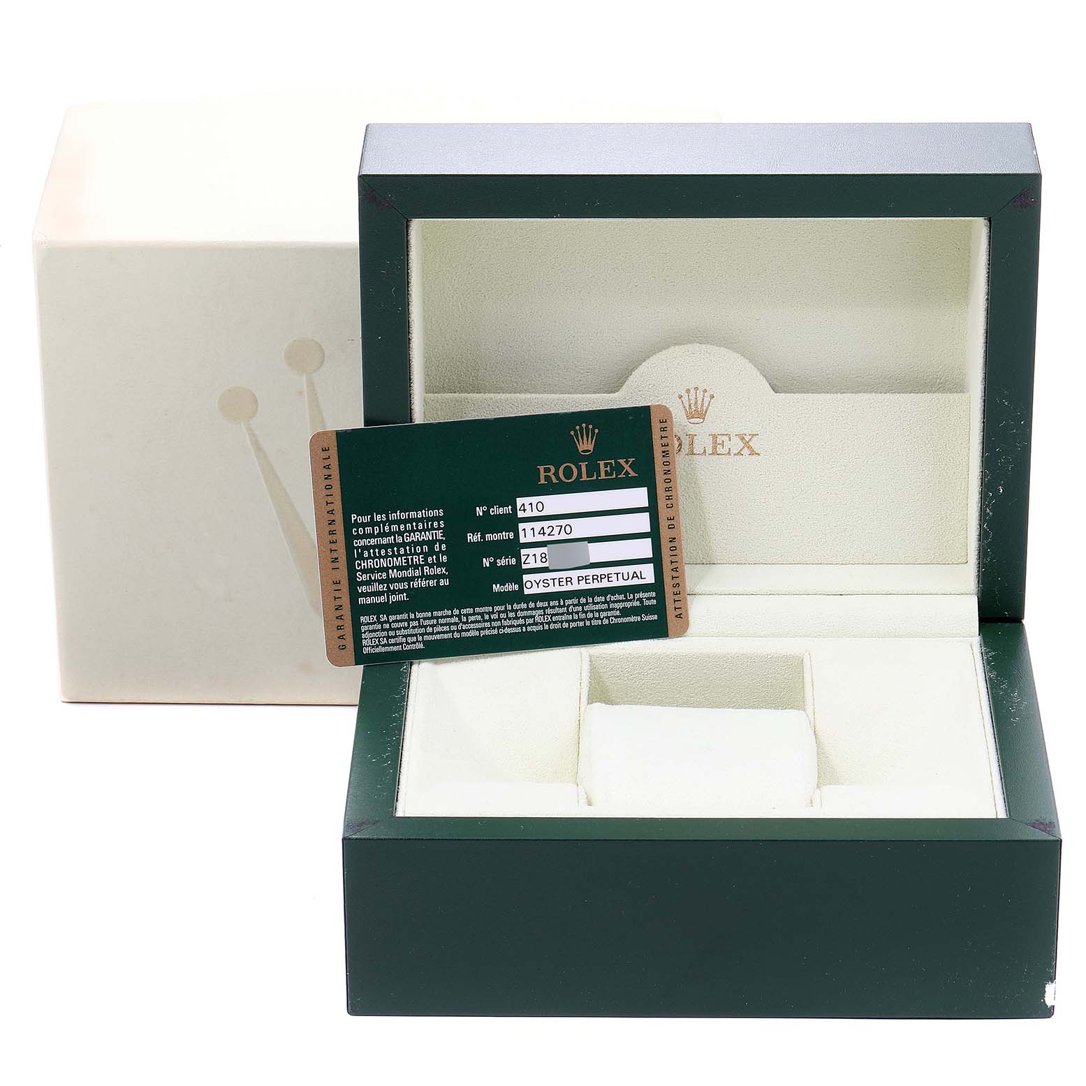This image shows the open box and Best Quality
ity card for the Rolex Explorer 114270 Men
s Stainless Steel Black Dial 114270 Men
s Stainless Steel Black Dial model.