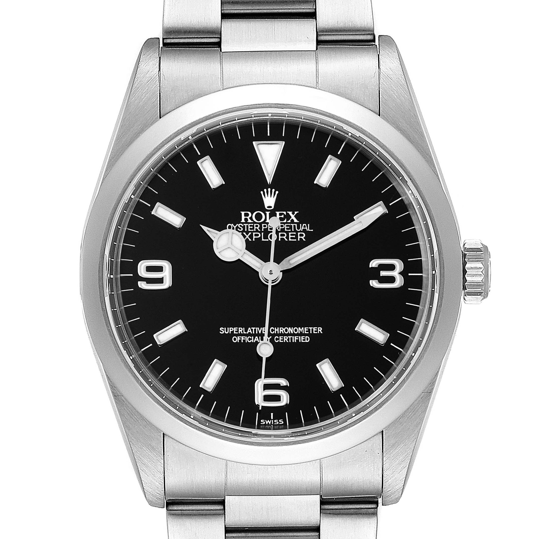 A front-facing view of a Rolex Explorer 14270 Men
s Stainless Steel Black Dial 14270 Men
s Stainless Steel Black Dial watch, showing the dial, hands, hour markers, and part of the strap.