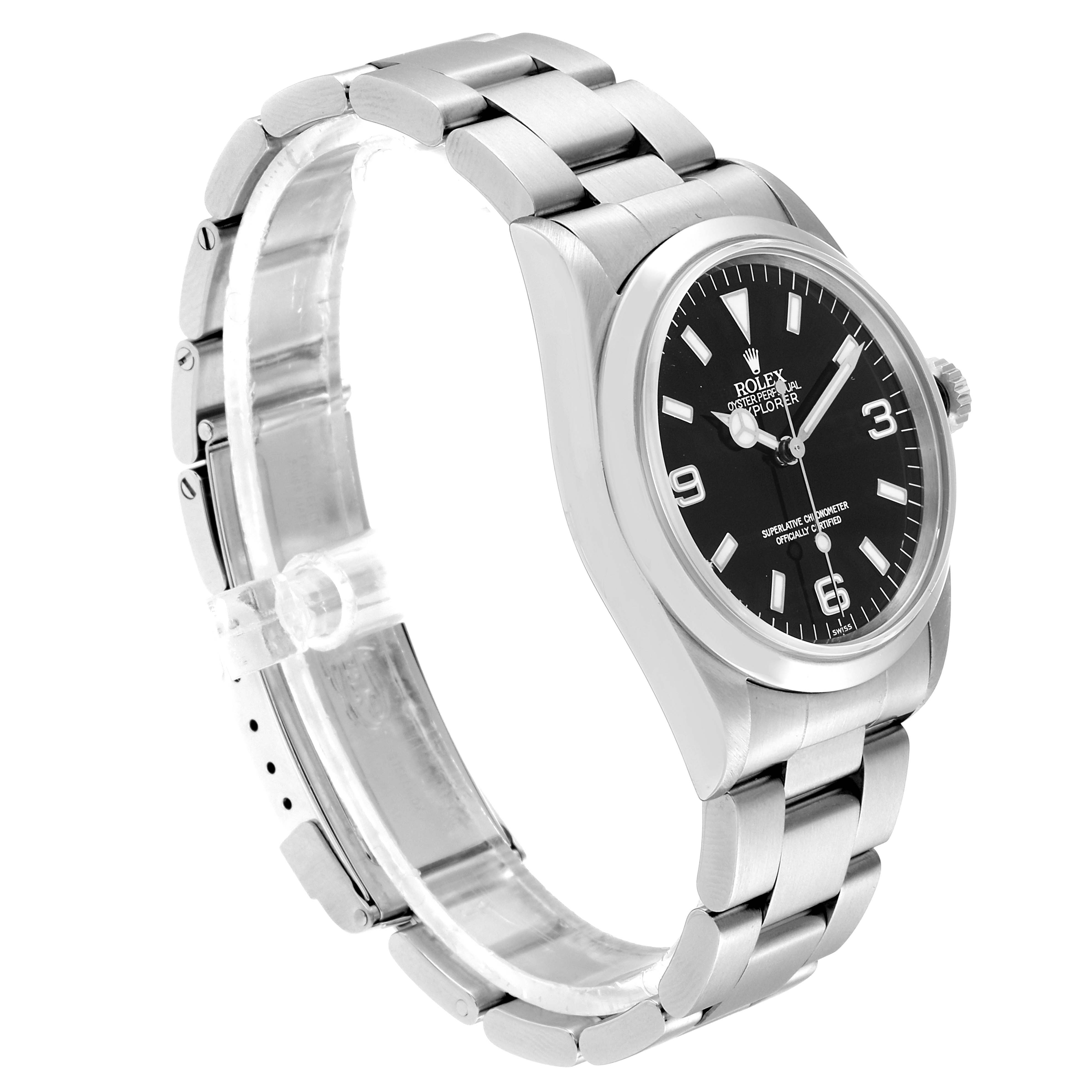 The image shows a side angle of the Rolex Explorer 14270 Men
s Stainless Steel Black Dial 14270 Men
s Stainless Steel Black Dial watch, highlighting the stainless steel case, bracelet, and black dial with numerals.