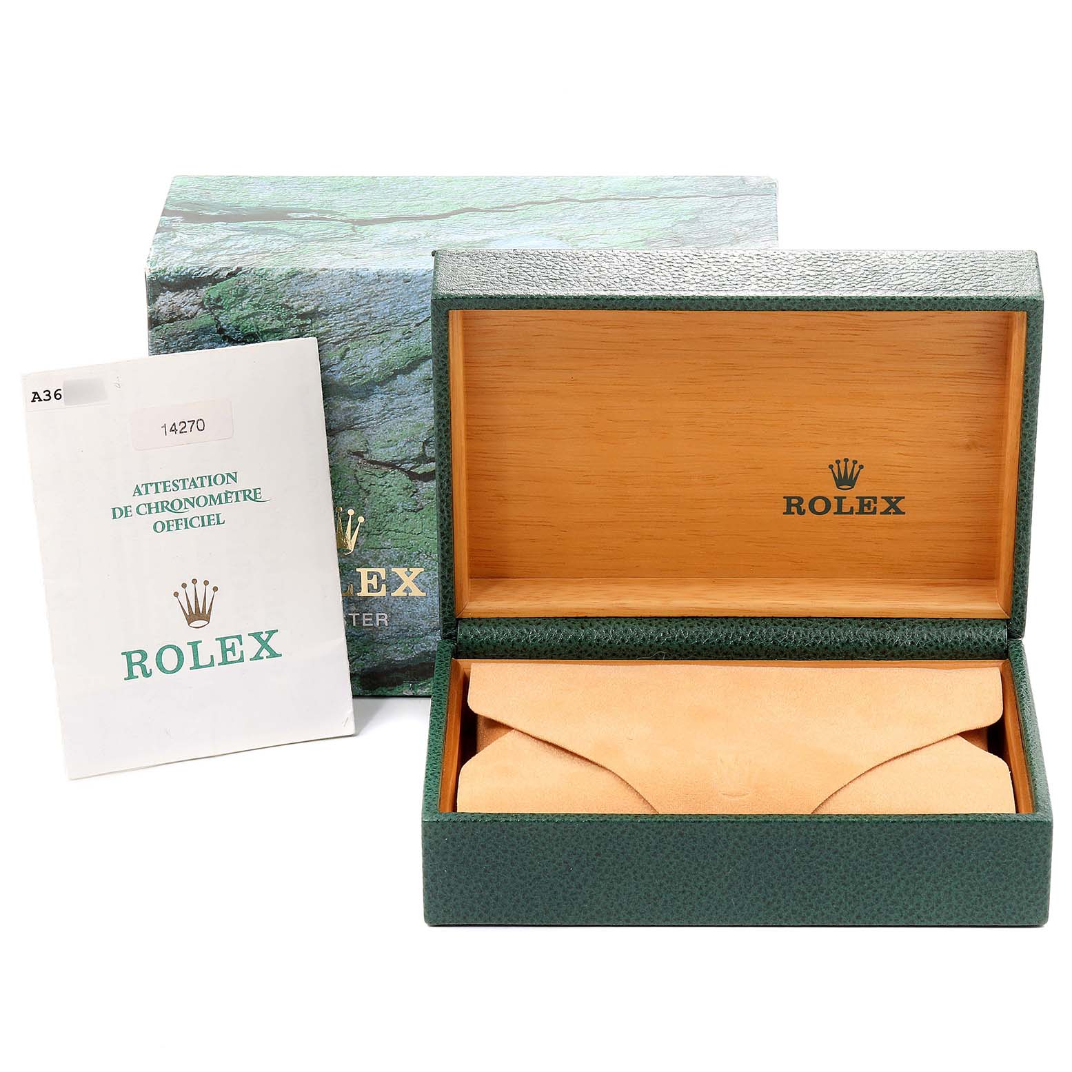 The image shows a Rolex Explorer 14270 Men
s Stainless Steel Black Dial 14270 Men
s Stainless Steel Black Dial model watch box, outer box, and a booklet, all viewed from the front.