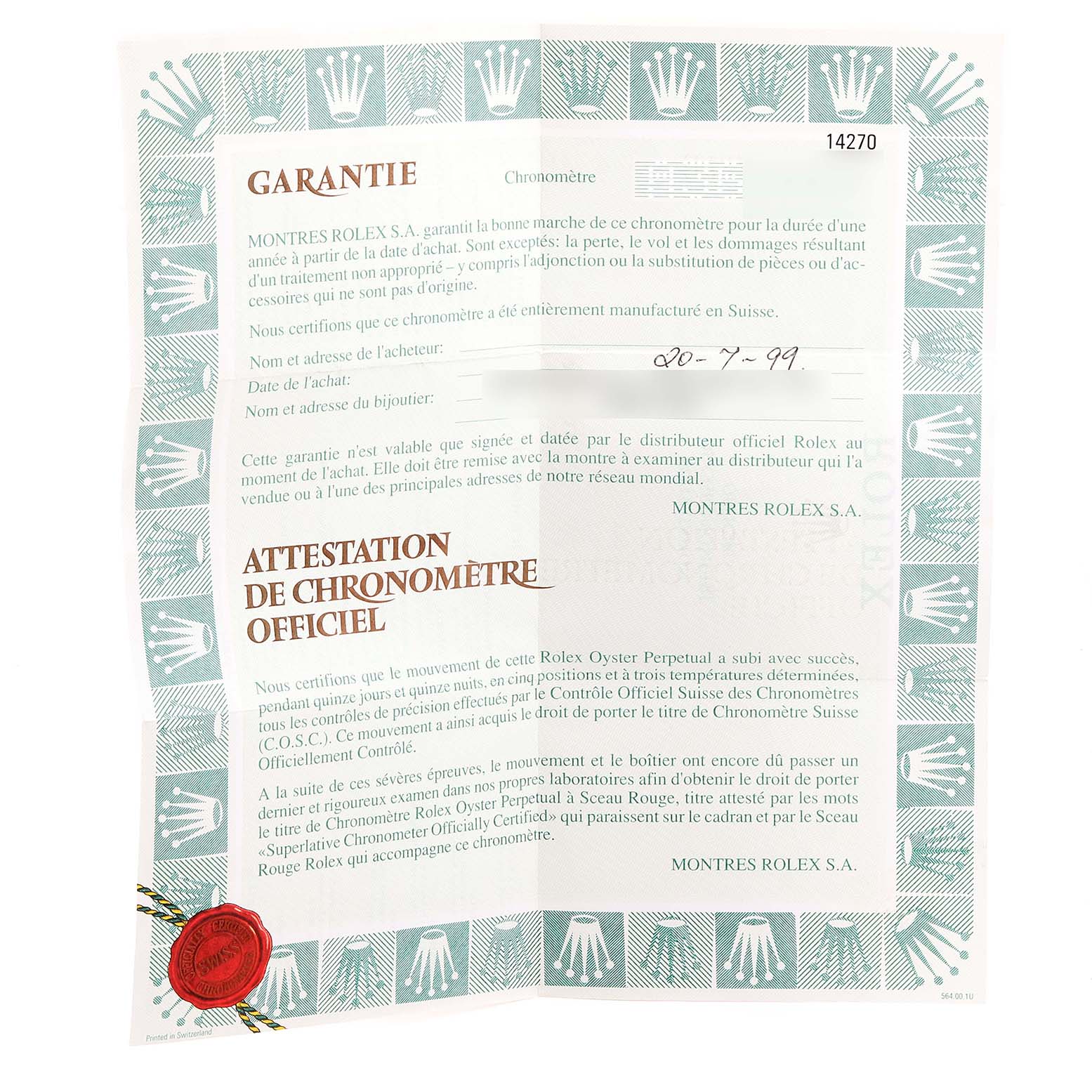 This image shows the official warranty and chronometer certification document for a Rolex Explorer 14270 Men
s Stainless Steel Black Dial 14270 Men
s Stainless Steel Black Dial model.