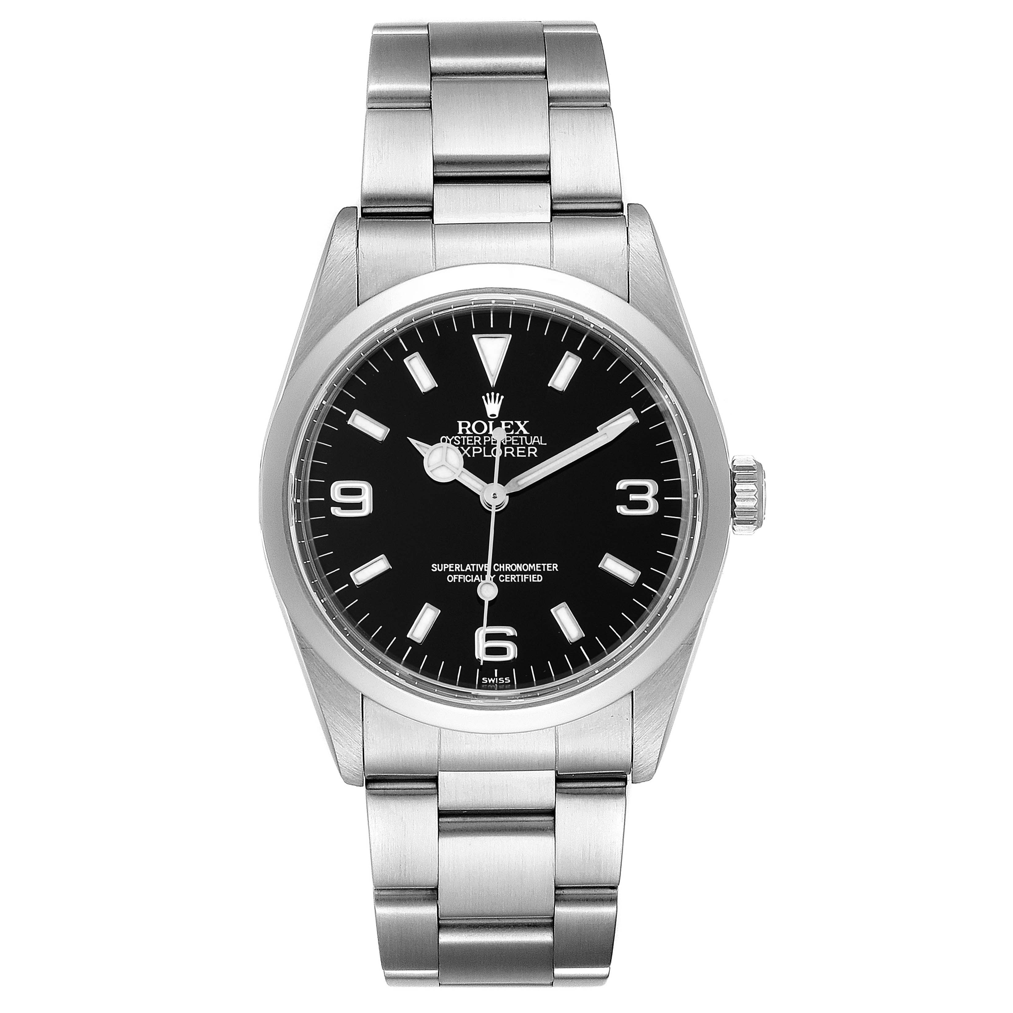 The image shows a front view of the Rolex Explorer 14270 Men
s Stainless Steel Black Dial 14270 Men
s Stainless Steel Black Dial watch, displaying its black dial and silver bracelet.