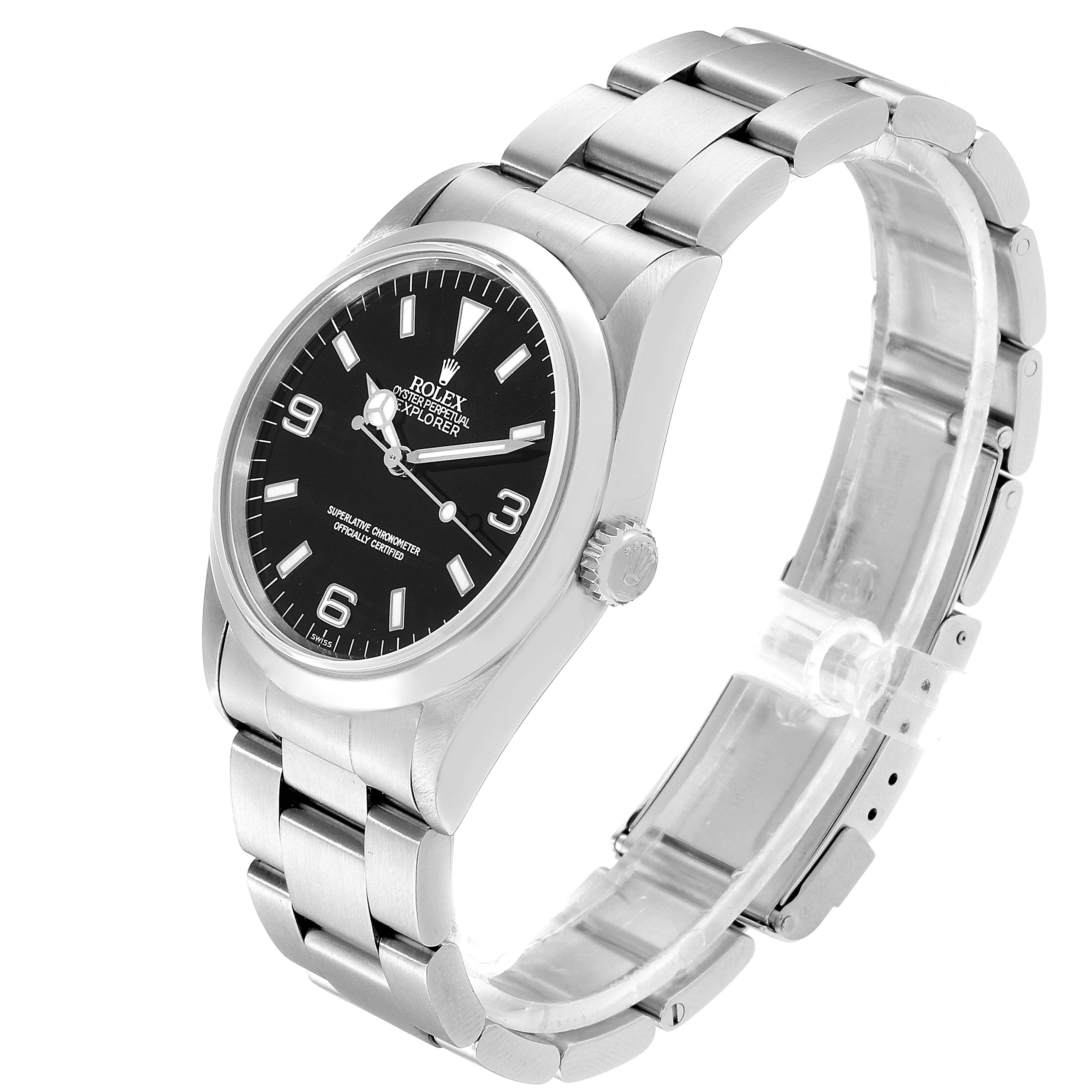 This is a side-angle view of a Rolex Explorer 14270 Men
s Stainless Steel Black Dial 14270 Men
s Stainless Steel Black Dial watch, showcasing its face, crown, and stainless steel bracelet.