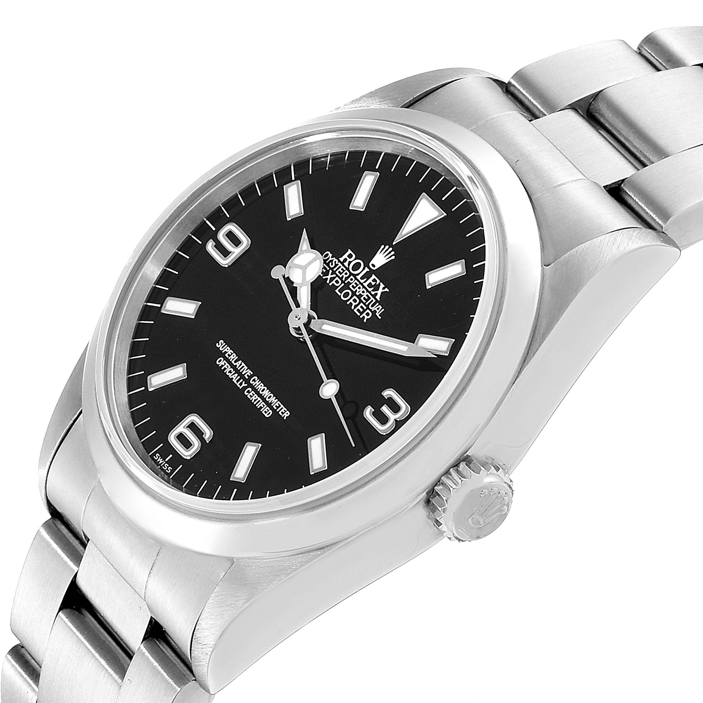 This image shows the Rolex Explorer 14270 Men
s Stainless Steel Black Dial 14270 Men
s Stainless Steel Black Dial watch at an angled view, highlighting its black dial, crown, and stainless-steel bracelet.
