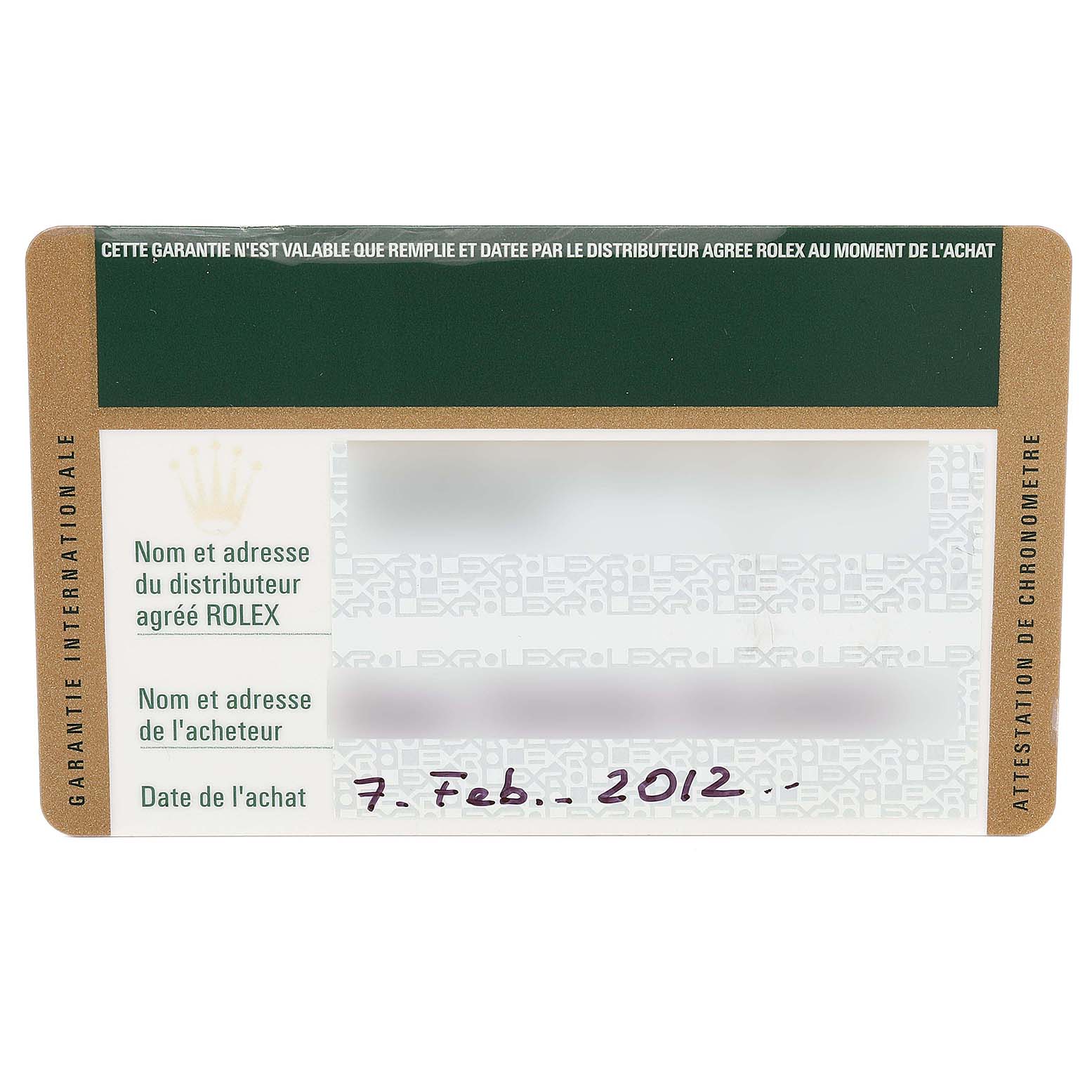 This image shows the warranty card for the Rolex Explorer 216570 Men
s Stainless Steel White Dial 216570 Men
s Stainless Steel White Dial, including the purchase date and space for distributor and buyer information.