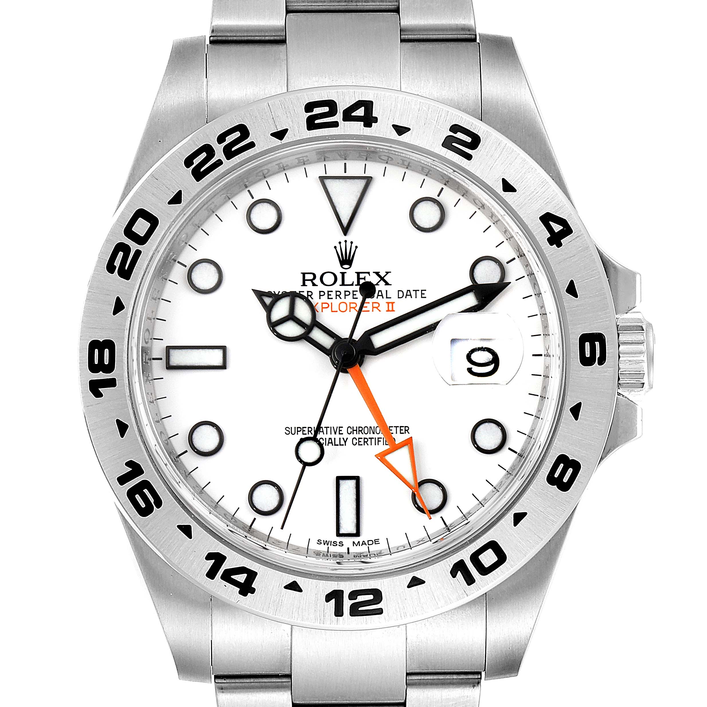 The image shows a front view of a Rolex Explorer 216570 Men
s Stainless Steel White Dial 216570 Men
s Stainless Steel White Dial watch, highlighting its dial, hands, bezel, and bracelet.