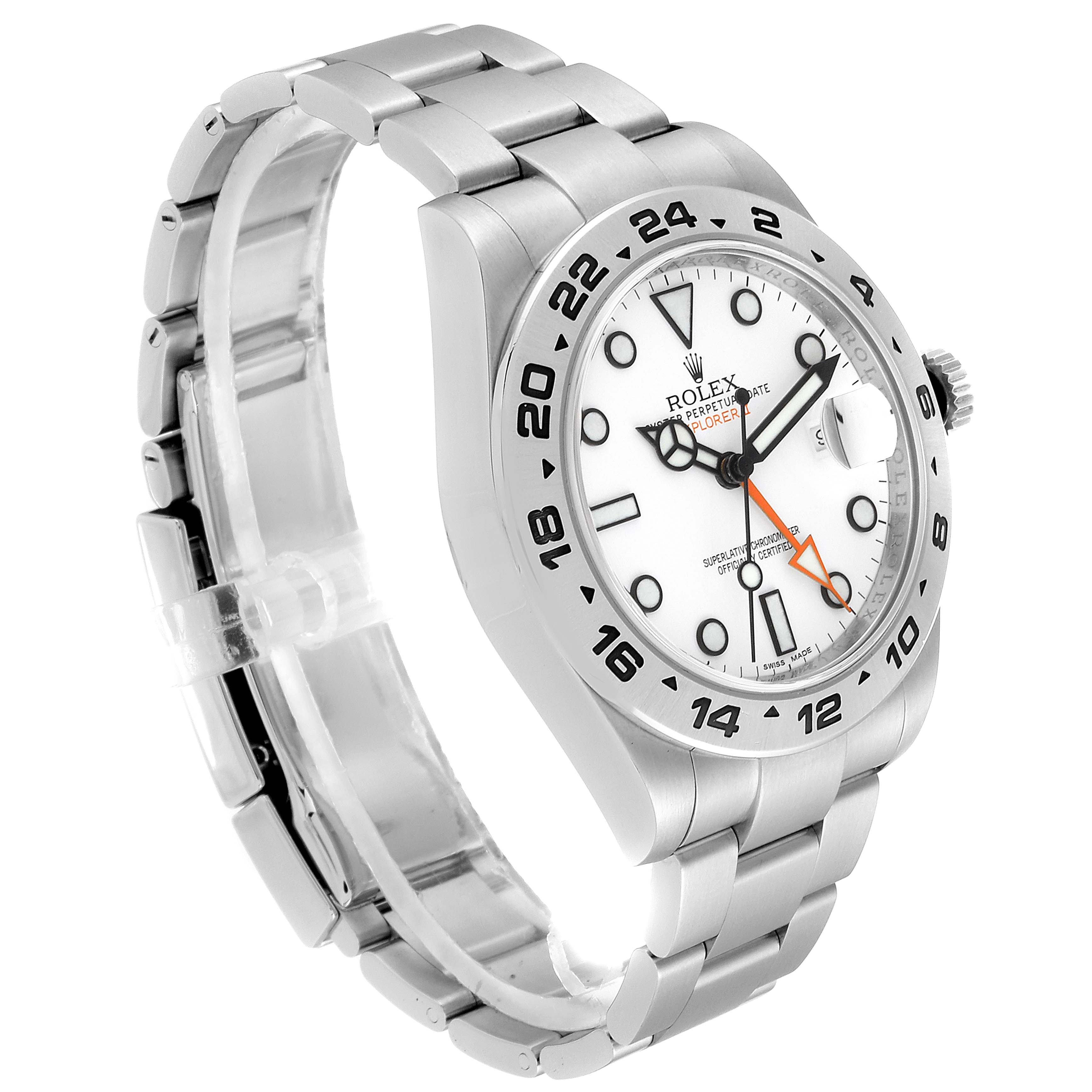 The image shows a side angle view of the Rolex Explorer 216570 Men
s Stainless Steel White Dial 216570 Men
s Stainless Steel White Dial watch, highlighting the dial, bezel, and bracelet.