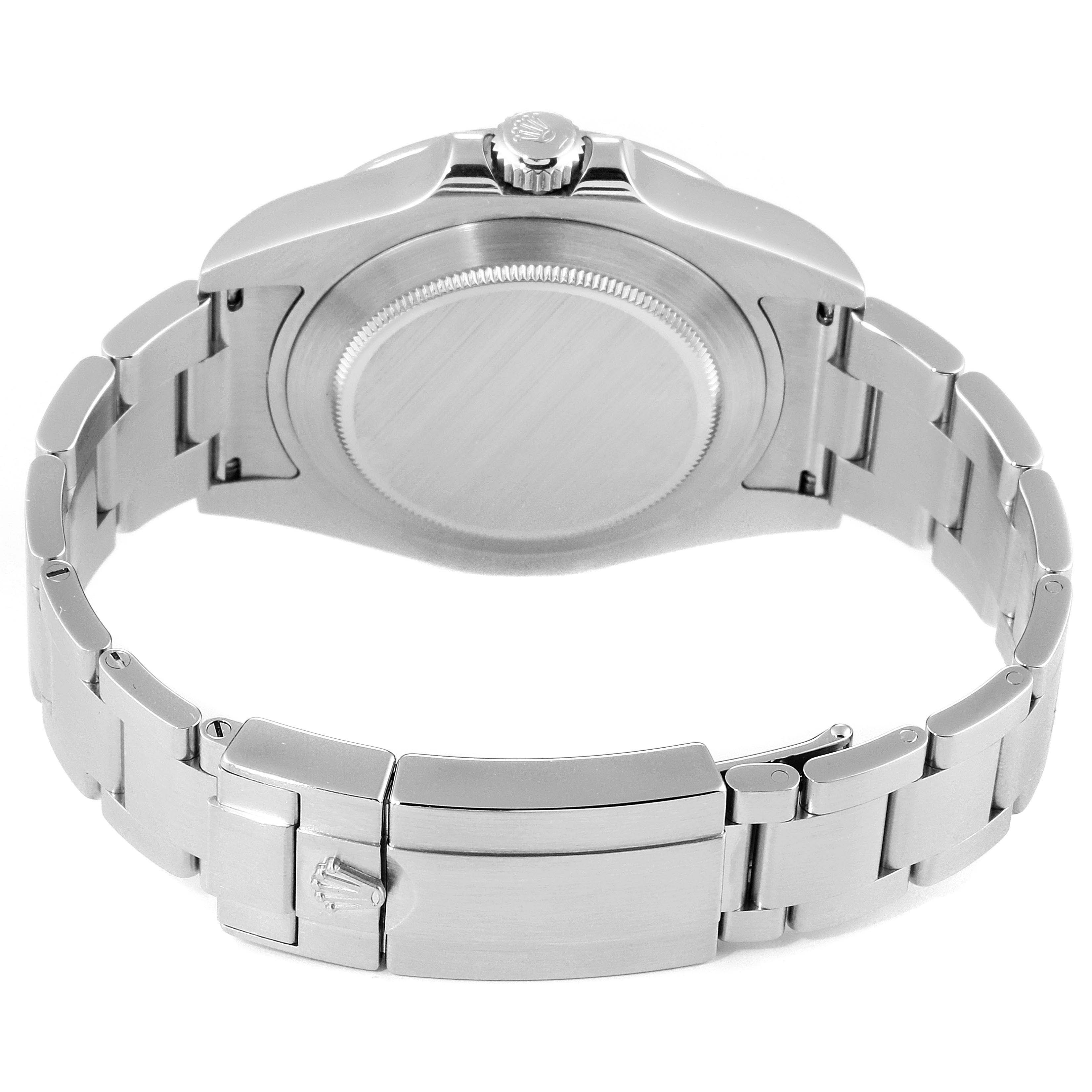 The image shows the back view of a Rolex Explorer 216570 Men
s Stainless Steel White Dial 216570 Men
s Stainless Steel White Dial watch, highlighting the case back, crown, and bracelet with clasp.