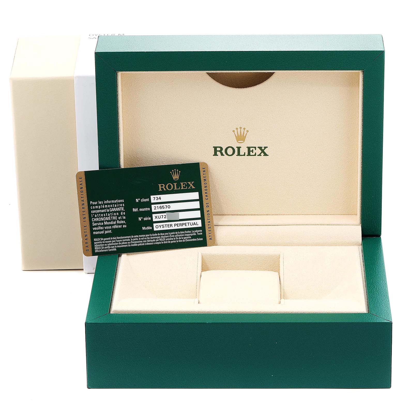 The image shows the open box and warranty card of a Rolex Explorer 216570 Men
s Stainless Steel White Dial 216570 Men
s Stainless Steel White Dial watch.