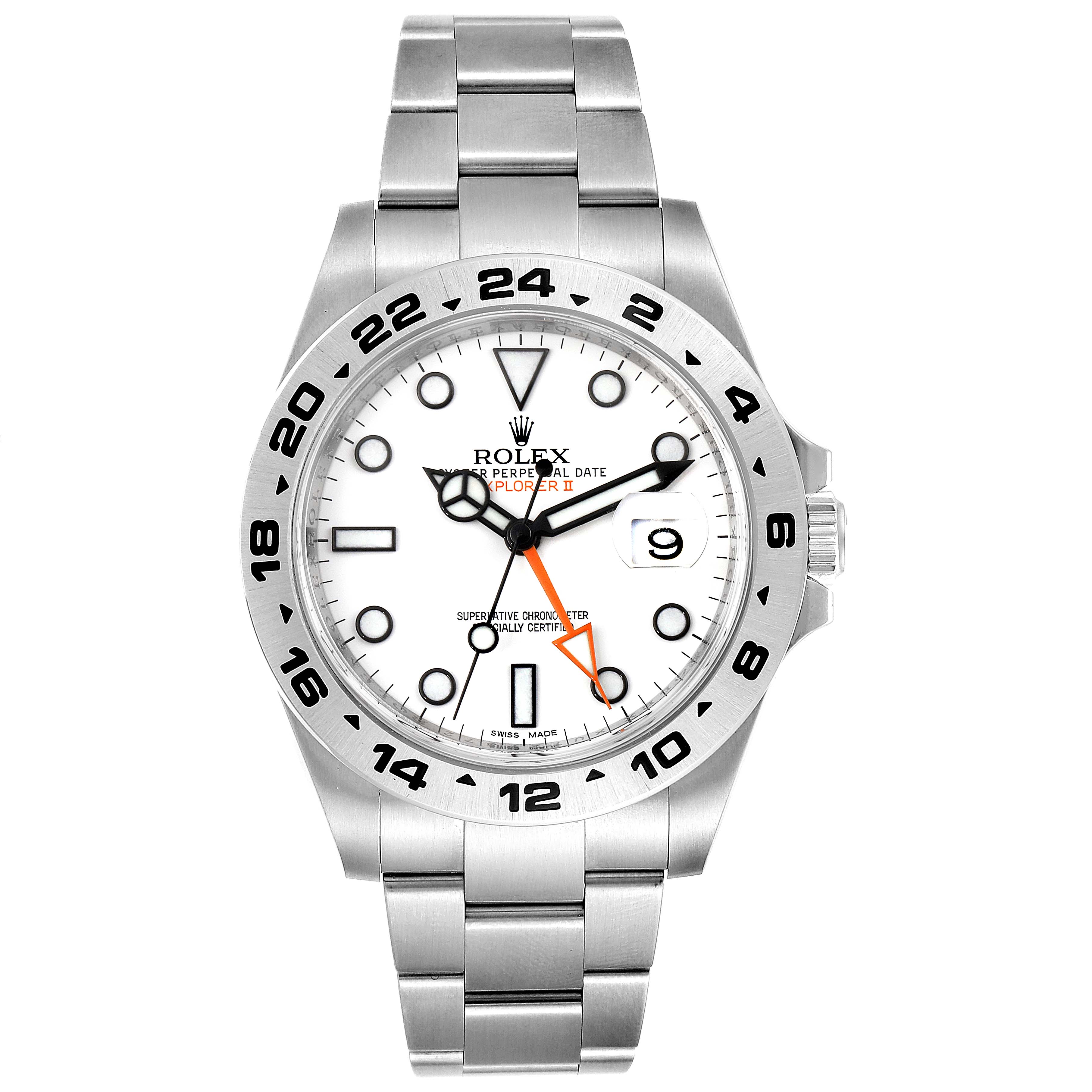 The image shows a front view of a Rolex Explorer 216570 Men
s Stainless Steel White Dial 216570 Men
s Stainless Steel White Dial watch with its full face, bezel, and stainless steel bracelet visible.