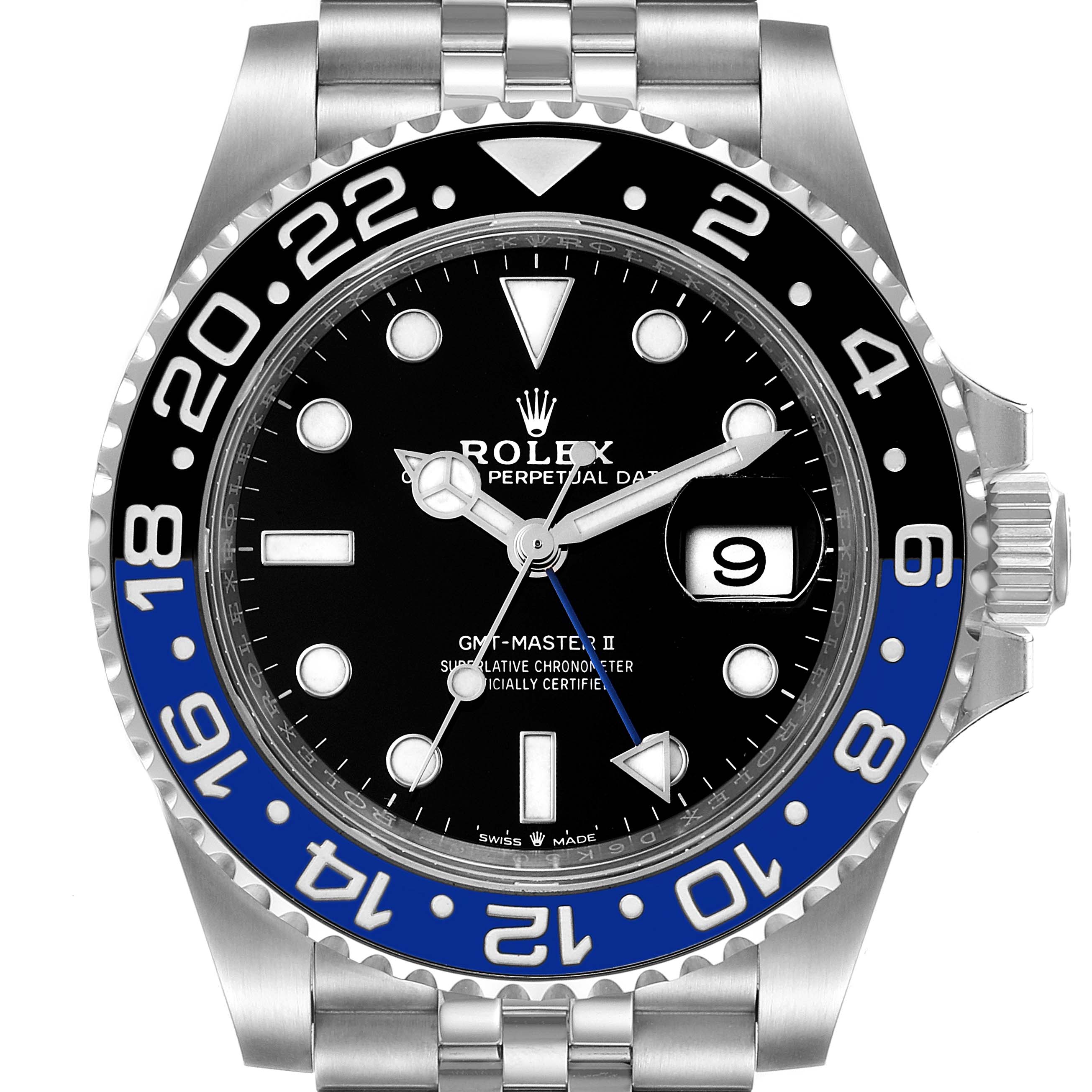 This is a front view of the Rolex GMT-Master 126710 Men
s Stainless Steel Black Dial 126710 Men
s Stainless Steel Black Dial II watch, showcasing its face, bezel, and a part of the bracelet.