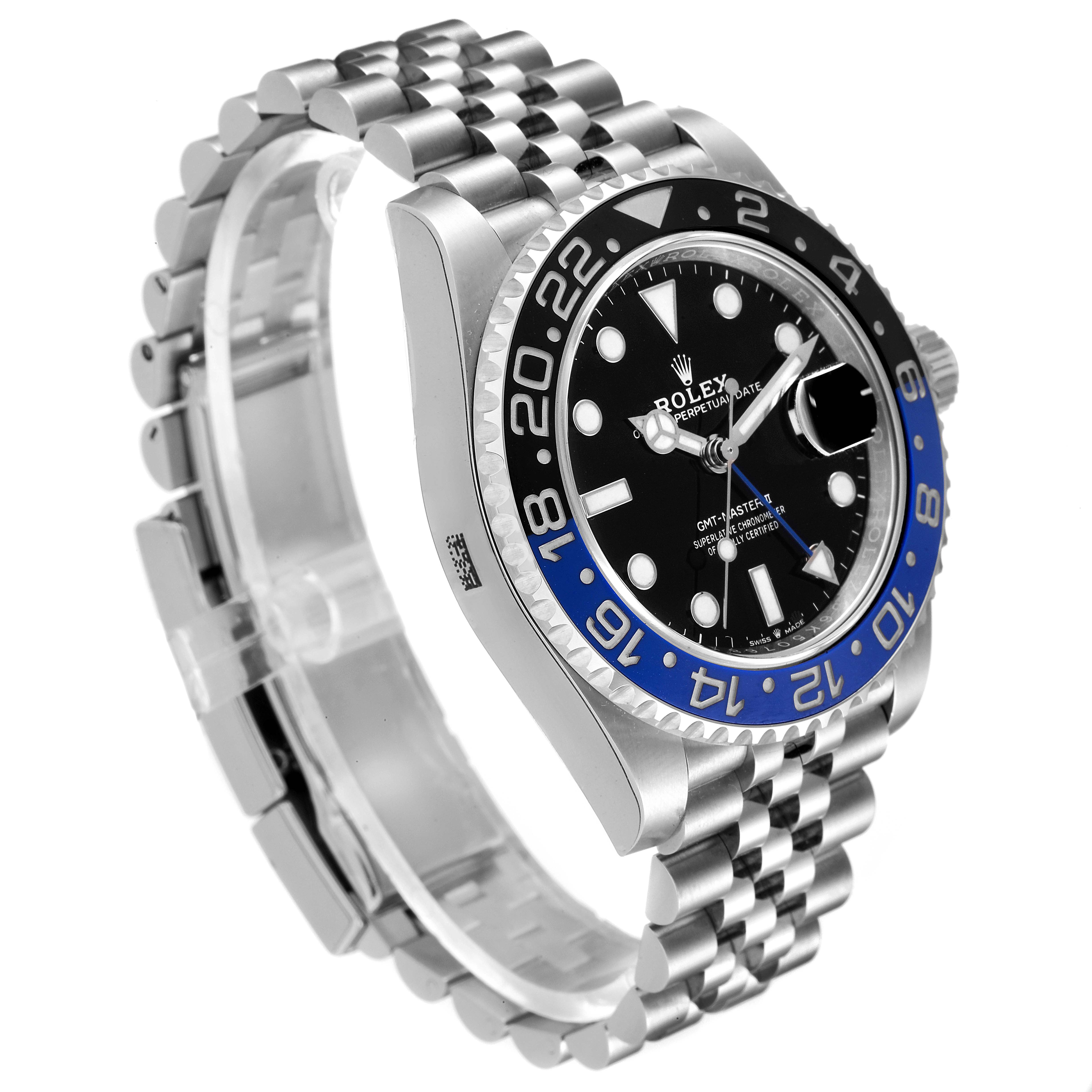 This is a side angle of a Rolex GMT-Master 126710 Men
s Stainless Steel Black Dial 126710 Men
s Stainless Steel Black Dial watch, showing the face, bezel, crown, and part of the bracelet.