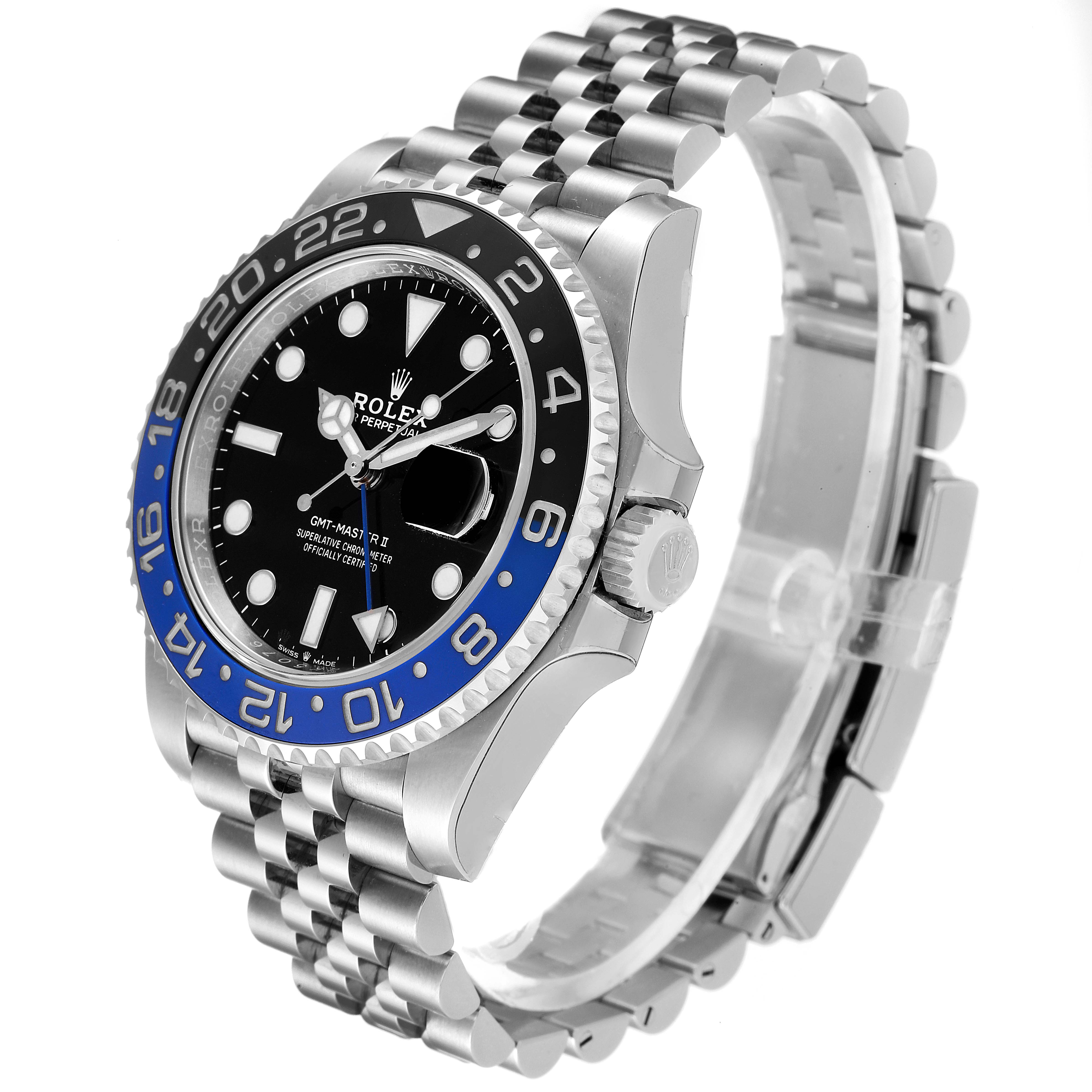 The image shows a side angle view of a Rolex GMT-Master 126710 Men
s Stainless Steel Black Dial 126710 Men
s Stainless Steel Black Dial watch, highlighting the bezel, dial, crown, and bracelet.