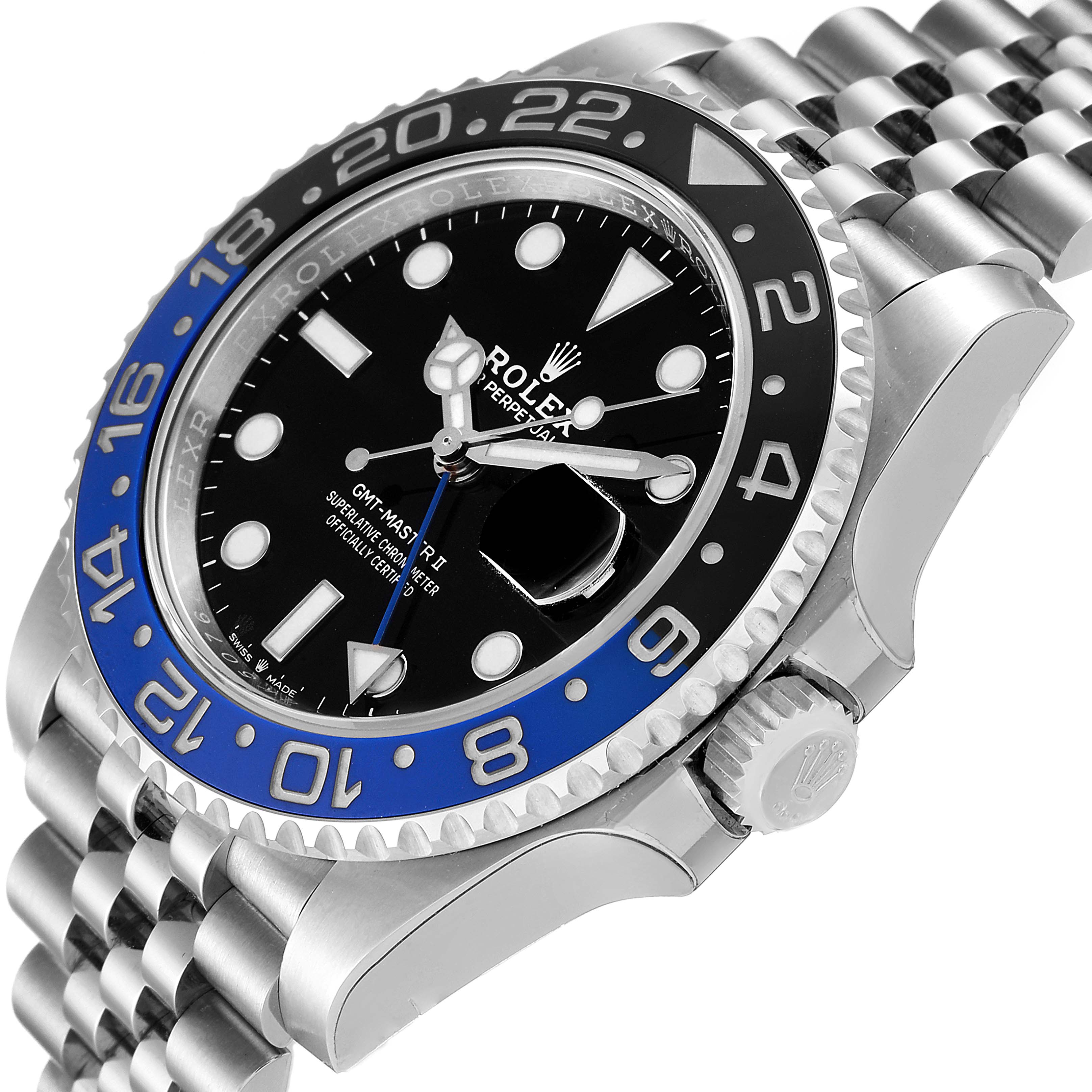 The image shows a side angle of a Rolex GMT-Master 126710 Men
s Stainless Steel Black Dial 126710 Men
s Stainless Steel Black Dial watch, featuring the bezel, dial, crown, and part of the bracelet.