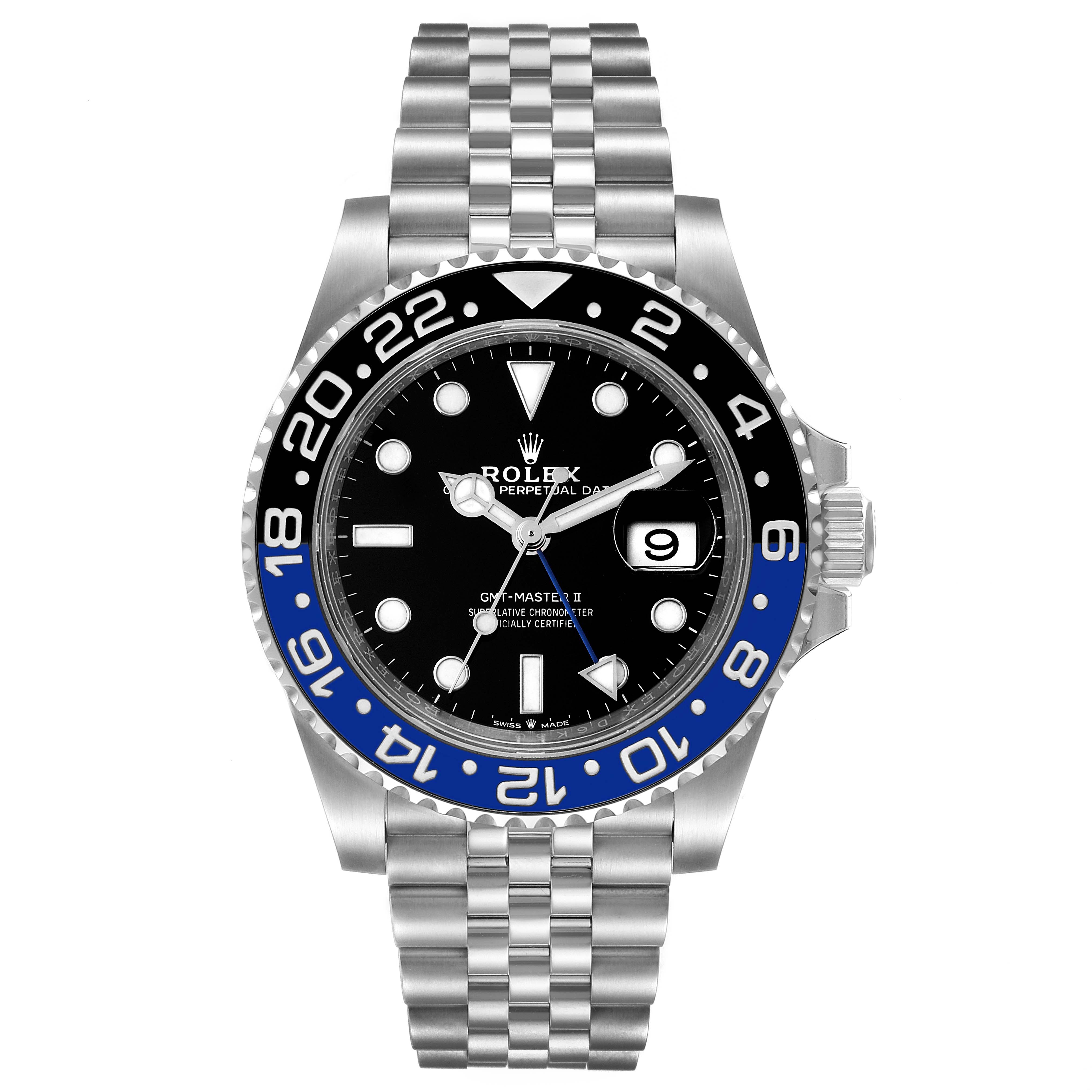 The image shows a frontal view of a Rolex GMT-Master 126710 Men
s Stainless Steel Black Dial 126710 Men
s Stainless Steel Black Dial watch displaying its face, bezel, and bracelet.