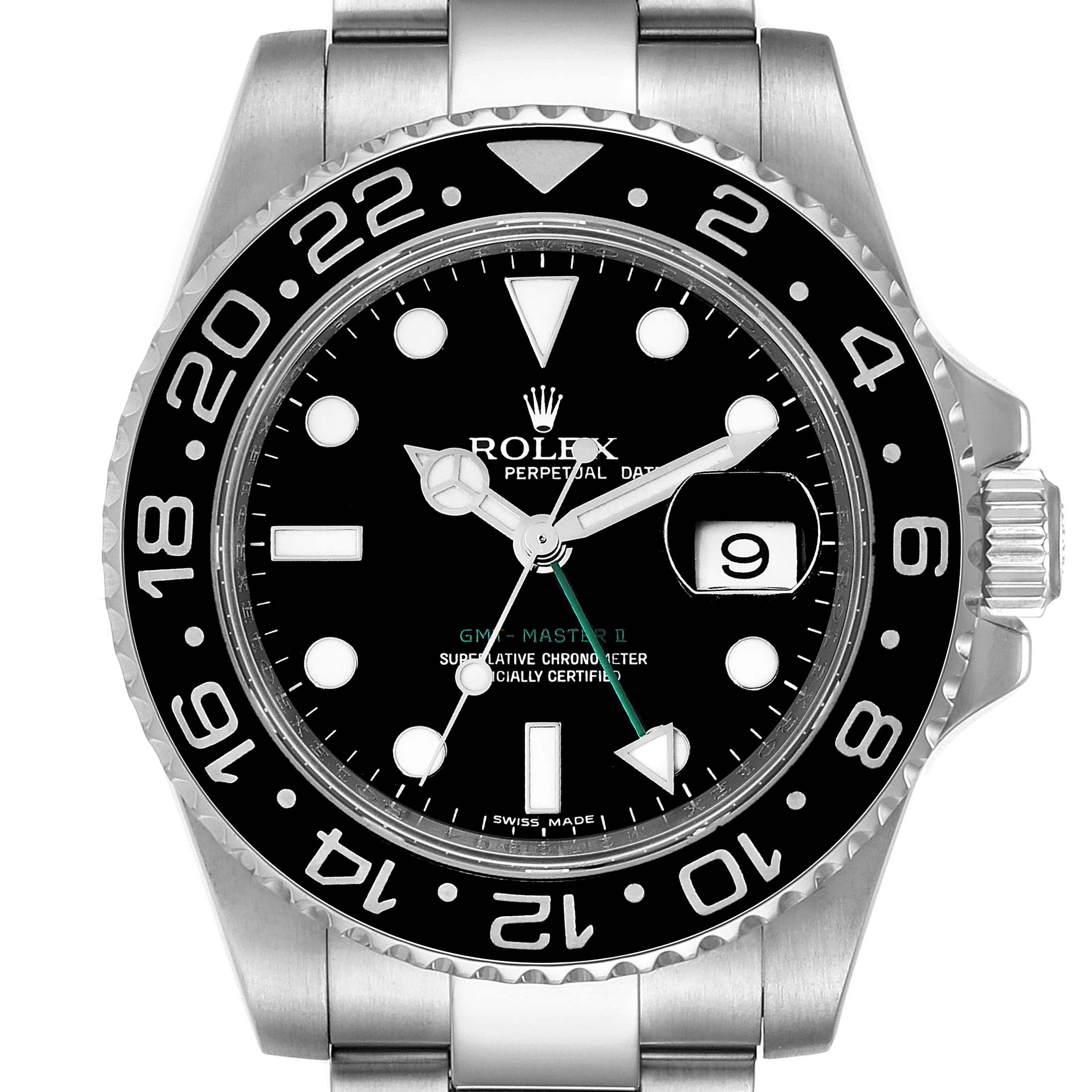The image shows a front view of a Rolex GMT-Master 116710 Men
s Stainless Steel Black Dial 116710 Men
s Stainless Steel Black Dial II watch, focusing on the dial, bezel, and part of the bracelet.