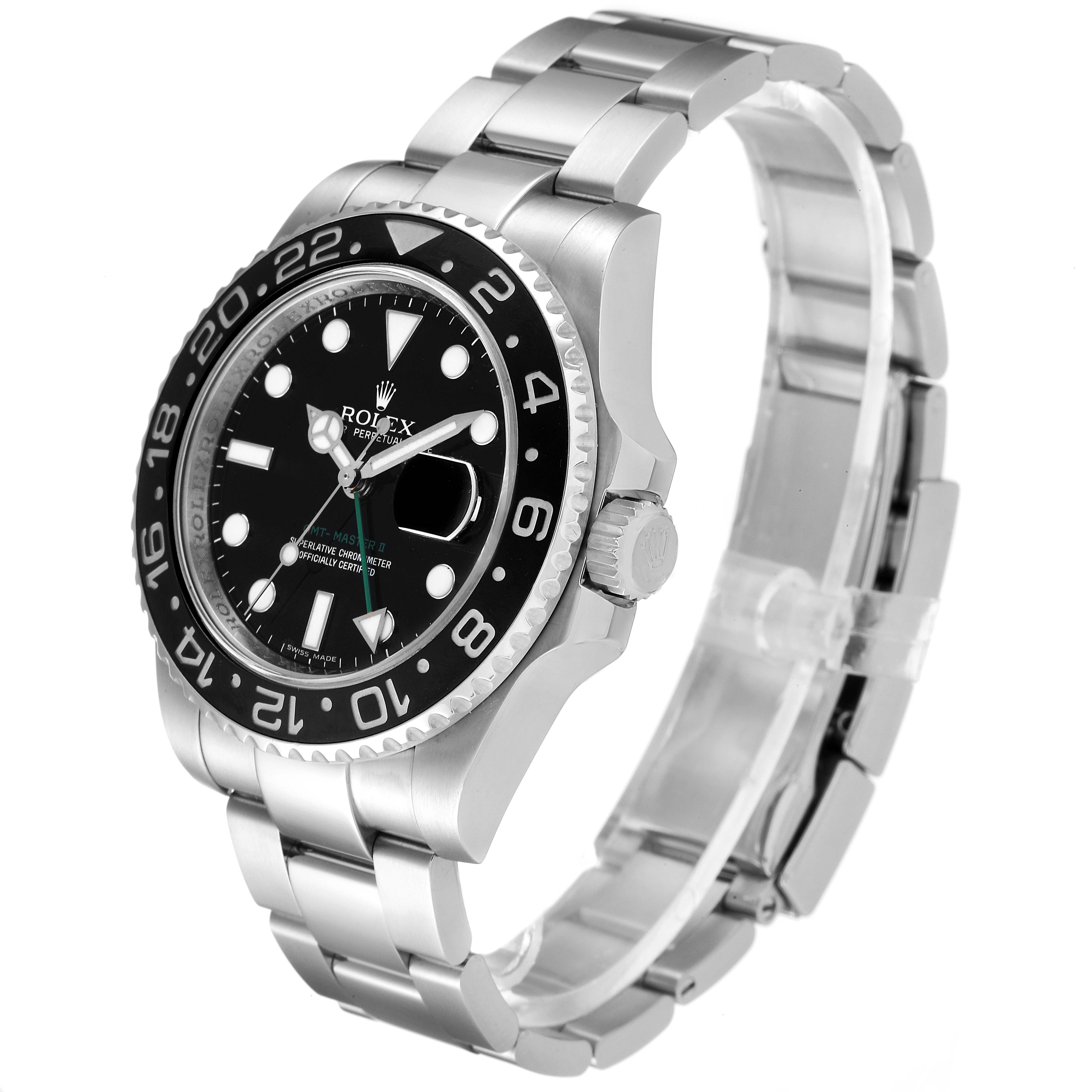 This image depicts a Rolex GMT-Master 116710 Men
s Stainless Steel Black Dial 116710 Men
s Stainless Steel Black Dial watch at a three-quarter angle, showcasing the dial, bezel, and bracelet.