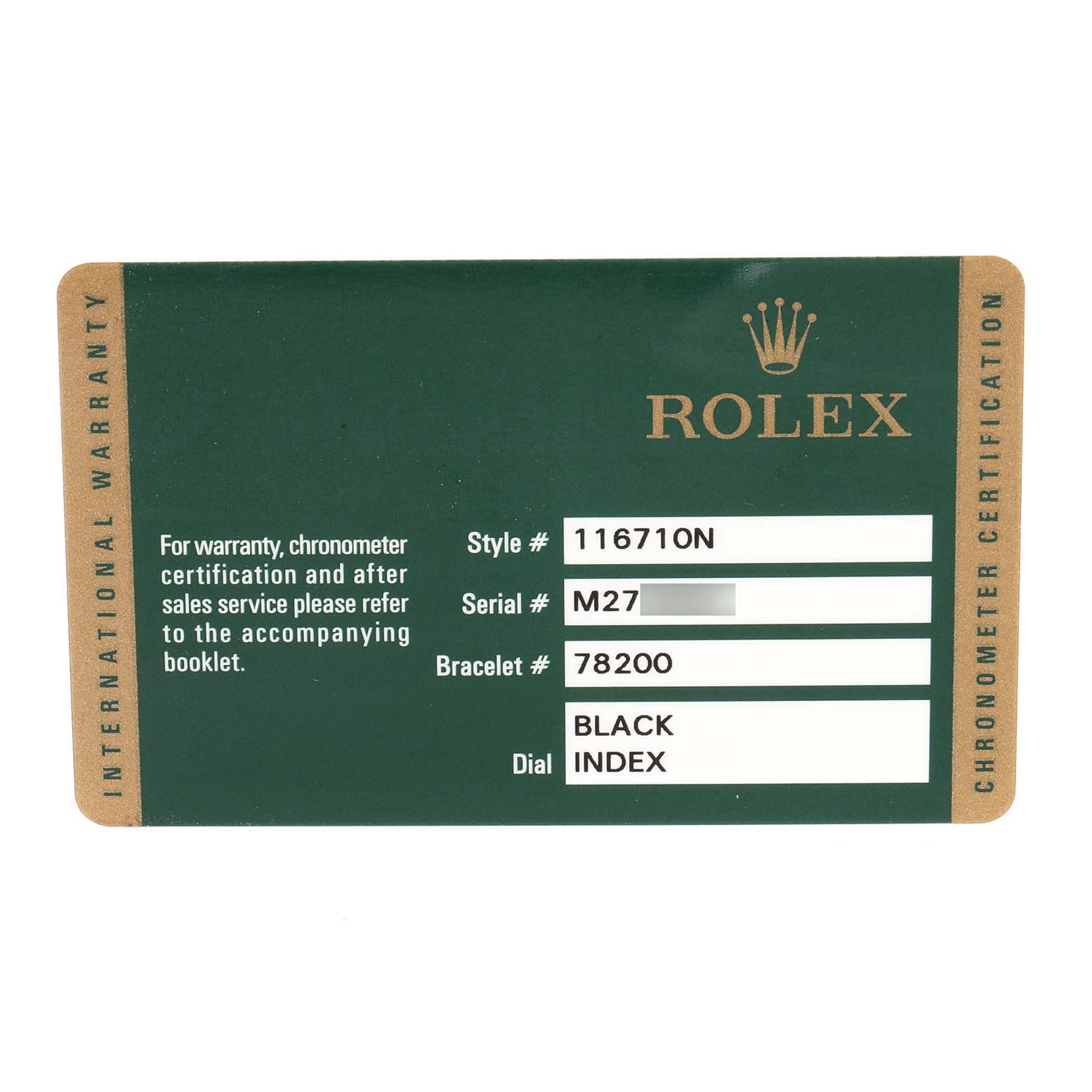 The image shows a Rolex International Warranty card for the GMT-Master model, detailing style, serial, bracelet number, and dial information.