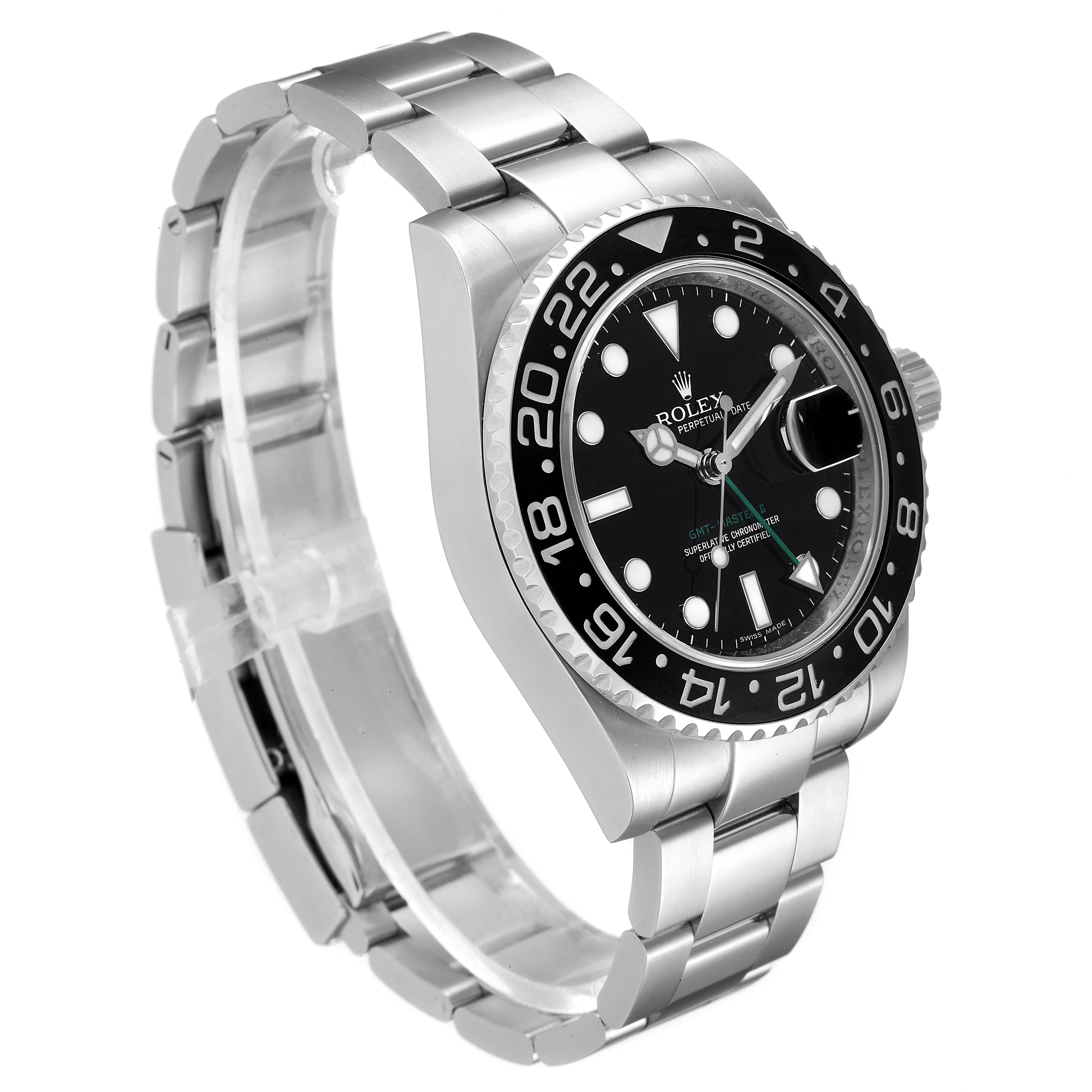 The Rolex GMT-Master 116710 Men
s Stainless Steel Black Dial 116710 Men
s Stainless Steel Black Dial watch is shown from three-quarters profile, displaying the dial, bezel, and metal bracelet.