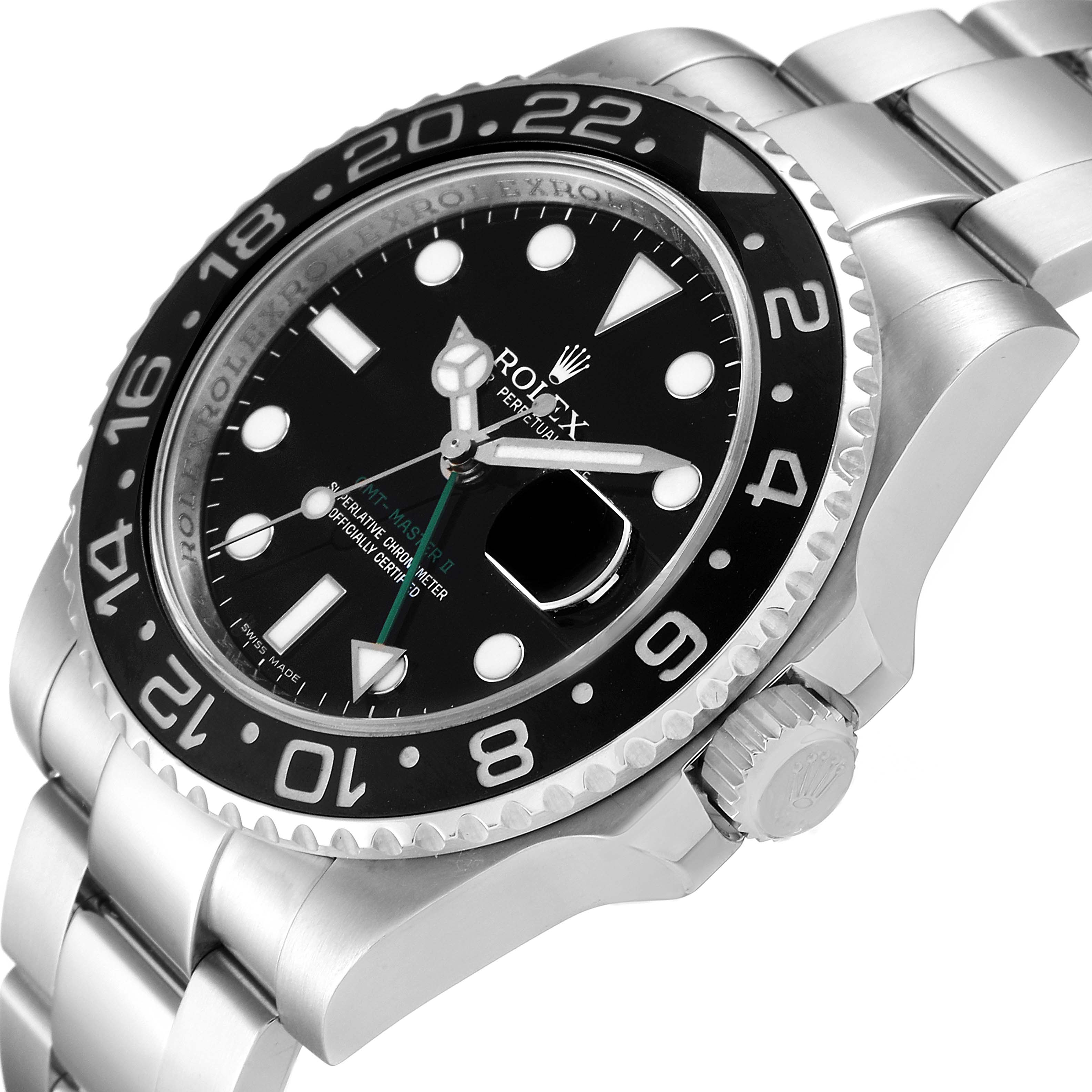 This image shows a close-up of the Rolex GMT-Master 116710 Men
s Stainless Steel Black Dial 116710 Men
s Stainless Steel Black Dial II watch, featuring the bezel, dial, hands, crown, and part of the bracelet.