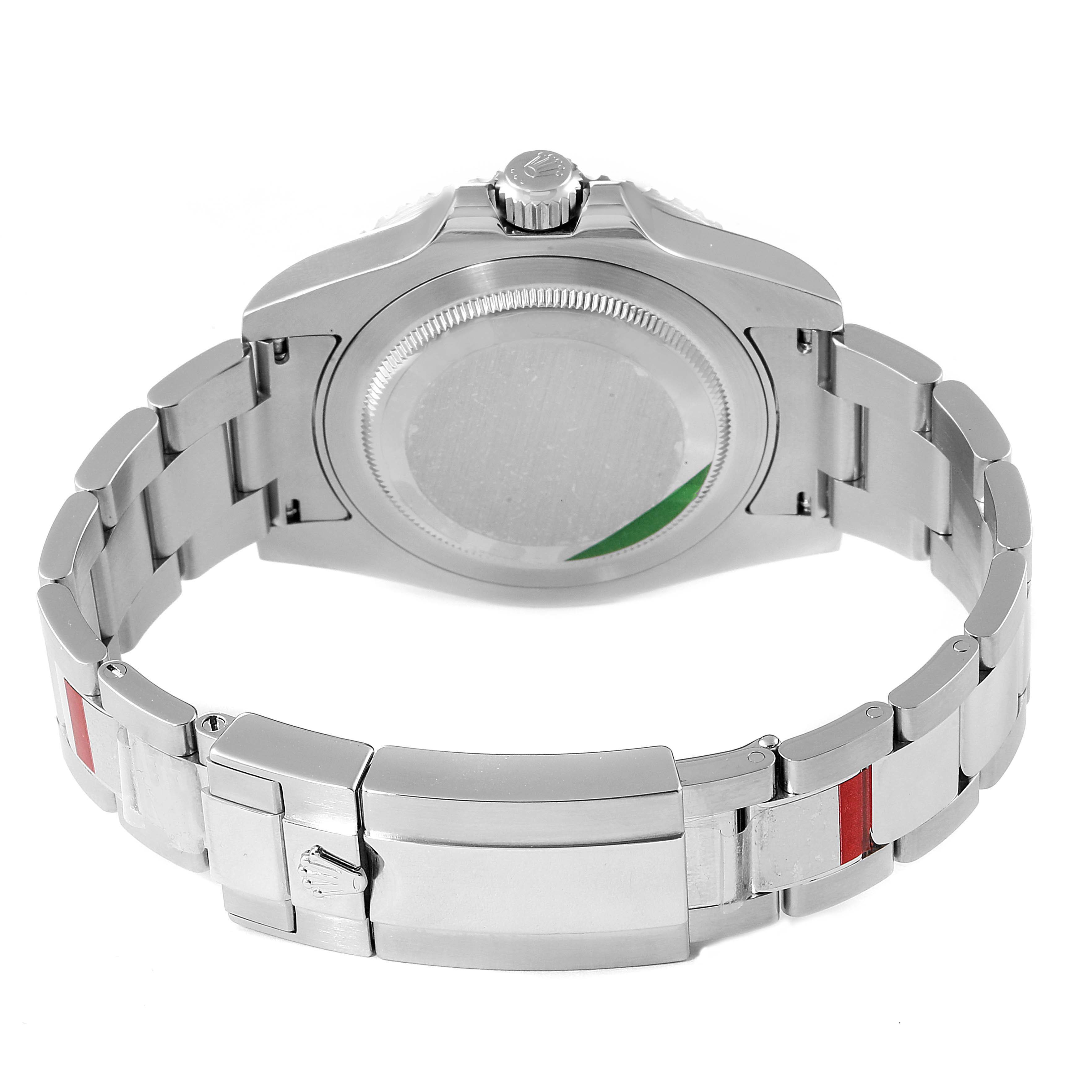 This image shows the back case and bracelet of a Rolex GMT-Master 116710 Men
s Stainless Steel Black Dial 116710 Men
s Stainless Steel Black Dial watch from a rear view angle.