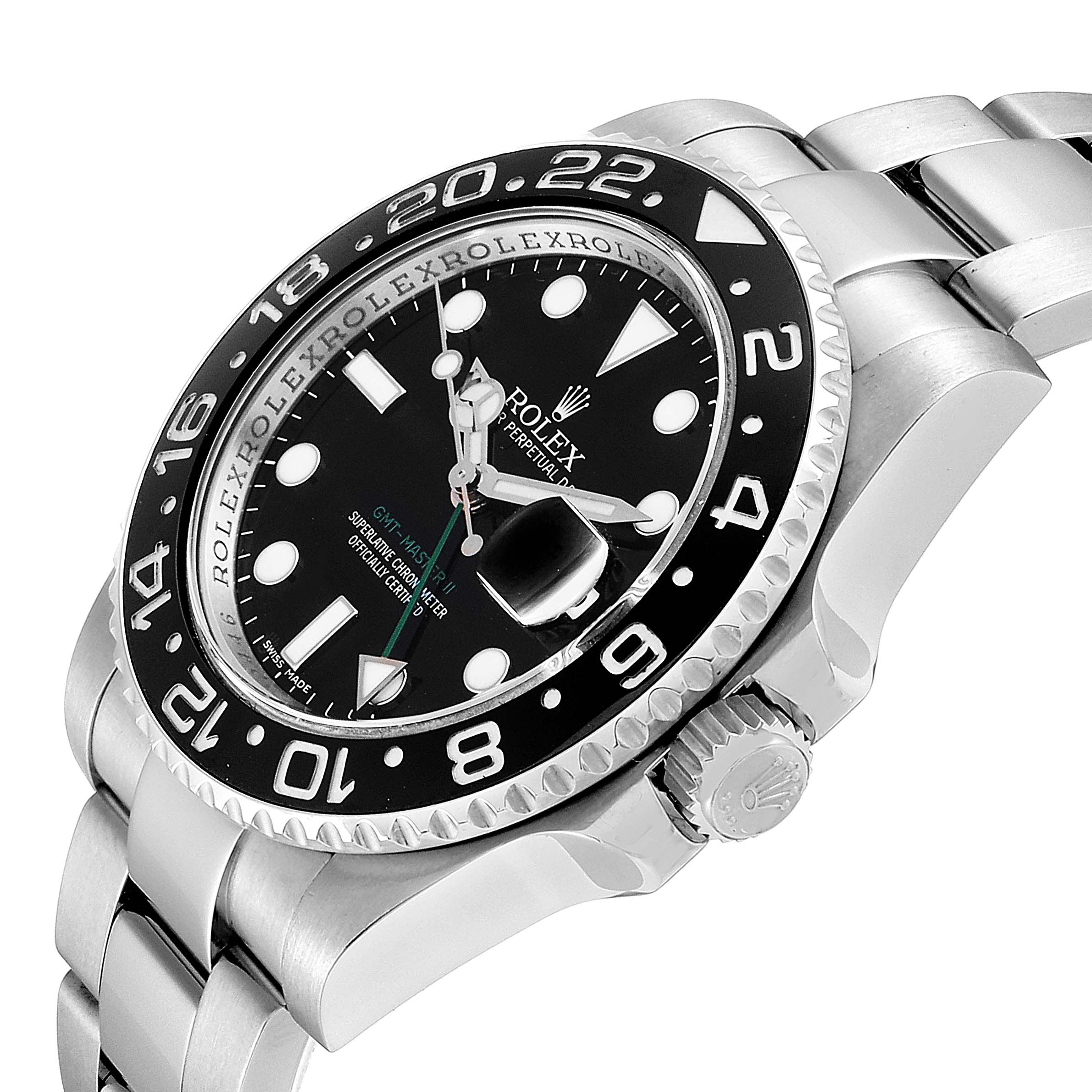 The GMT-Master Rolex watch is shown from an angled side view, displaying the bezel, dial, and part of the bracelet.
