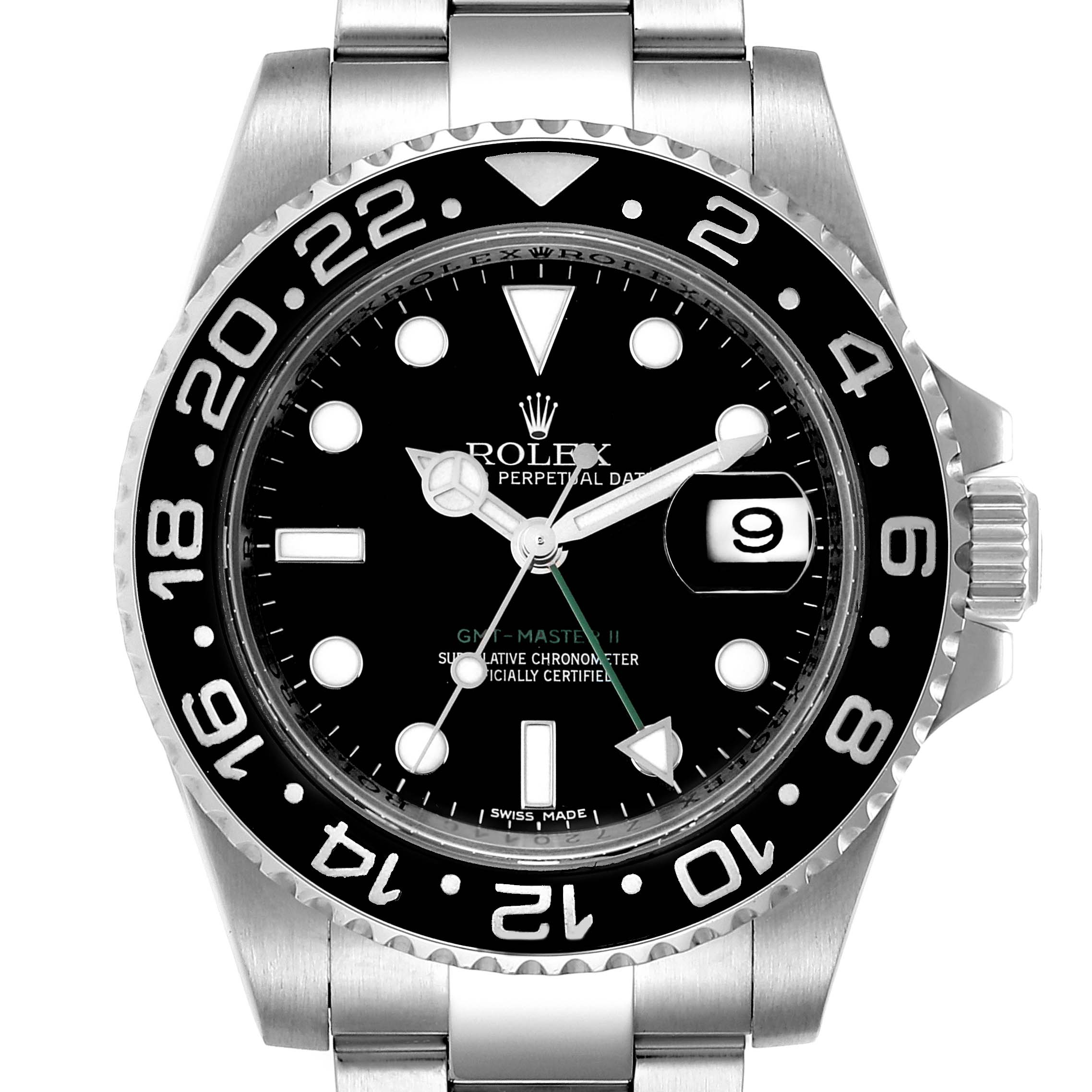 The image shows the front view of a Rolex GMT-Master 116710 Men's Stainless Steel Black Dial 116710 Men's Stainless Steel Black Dial II watch, highlighting the bezel, dial, hands, crown, and bracelet.