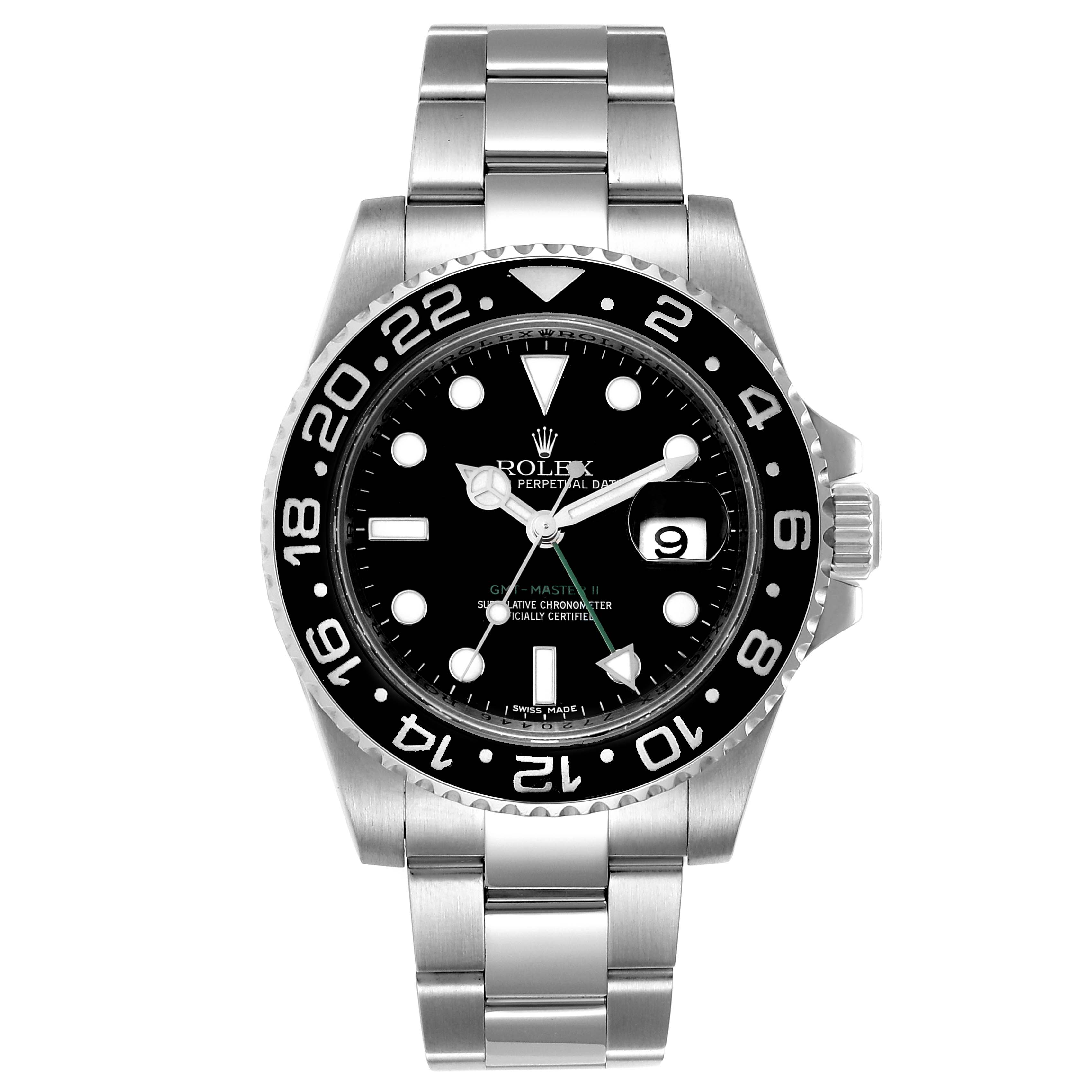The image shows a front view of the Rolex GMT-Master 116710 Men's Stainless Steel Black Dial 116710 Men's Stainless Steel Black Dial with its bezel, dial, hands, and bracelet visible.