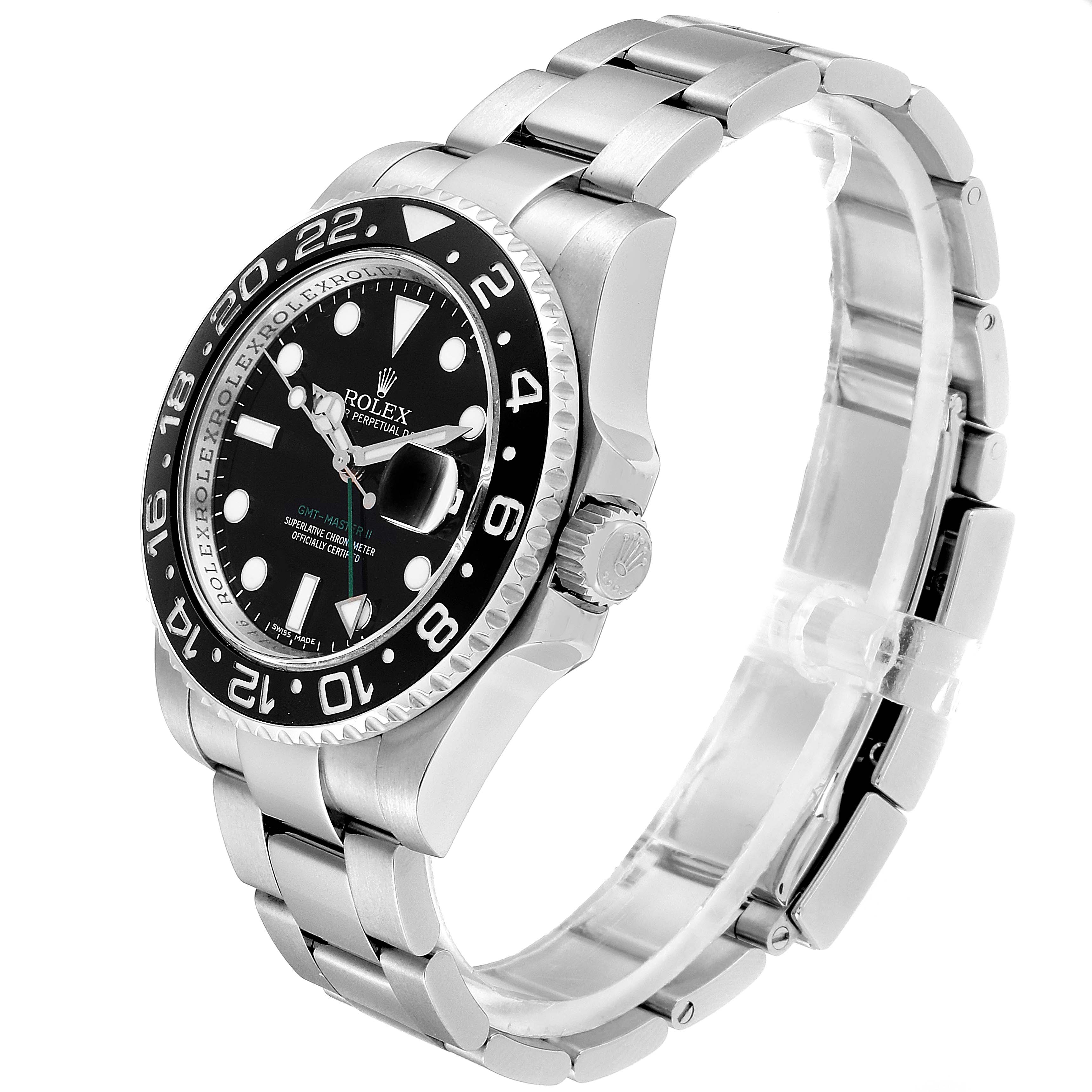 This Rolex GMT-Master 116710 Men's Stainless Steel Black Dial 116710 Men's Stainless Steel Black Dial watch is shown at an angled side view, displaying the bezel, dial, crown, and bracelet.