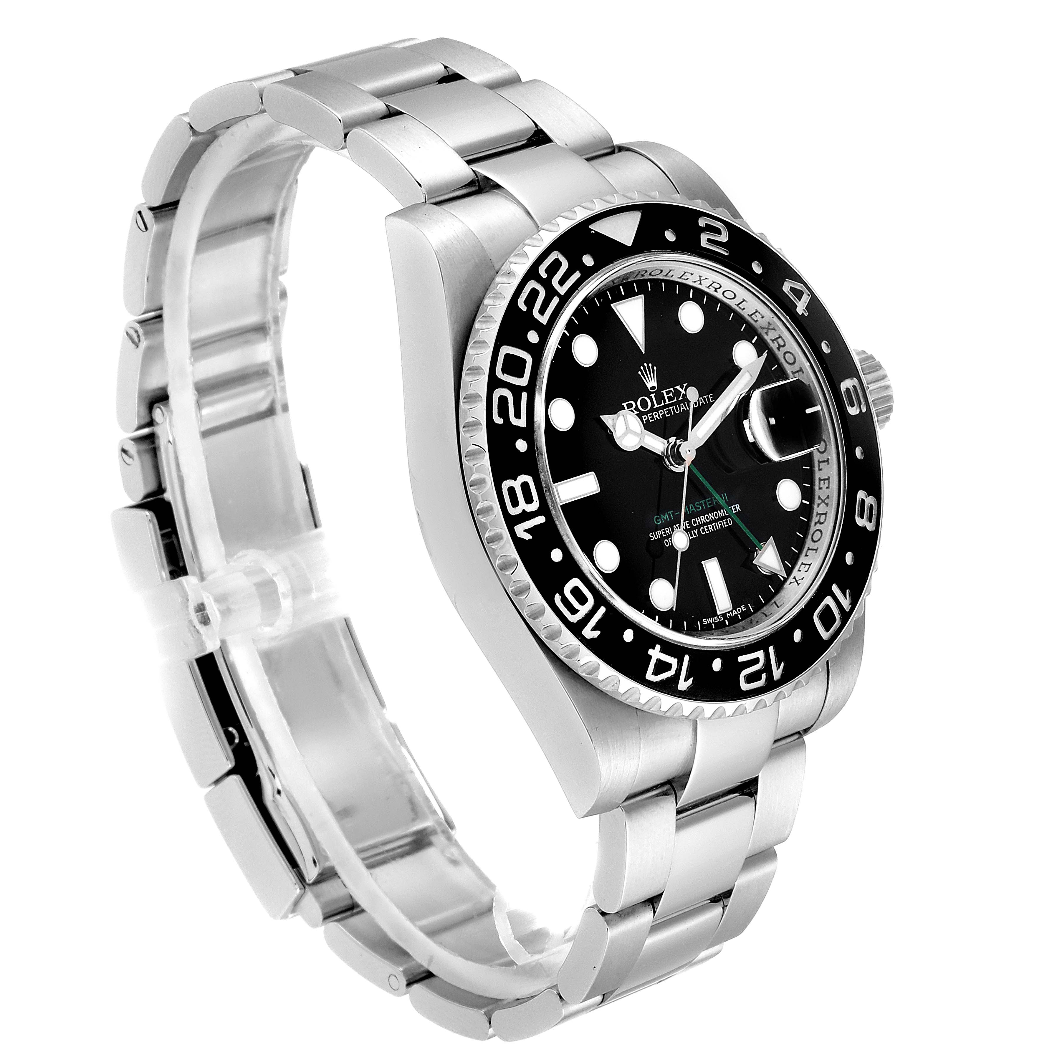 The Rolex GMT-Master 116710 Men's Stainless Steel Black Dial 116710 Men's Stainless Steel Black Dial watch is shown from a three-quarter angle highlighting the face, bezel, and stainless steel bracelet.