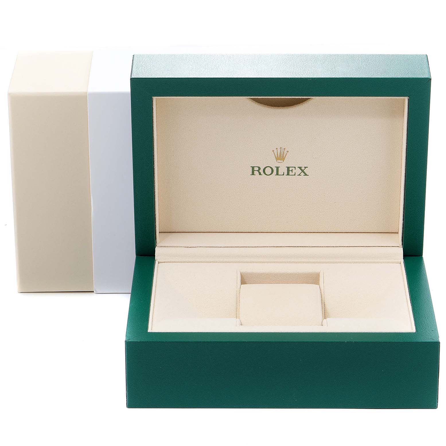 The image shows an open Rolex watch box and outer case for the GMT-Master model, displaying the interior compartments.