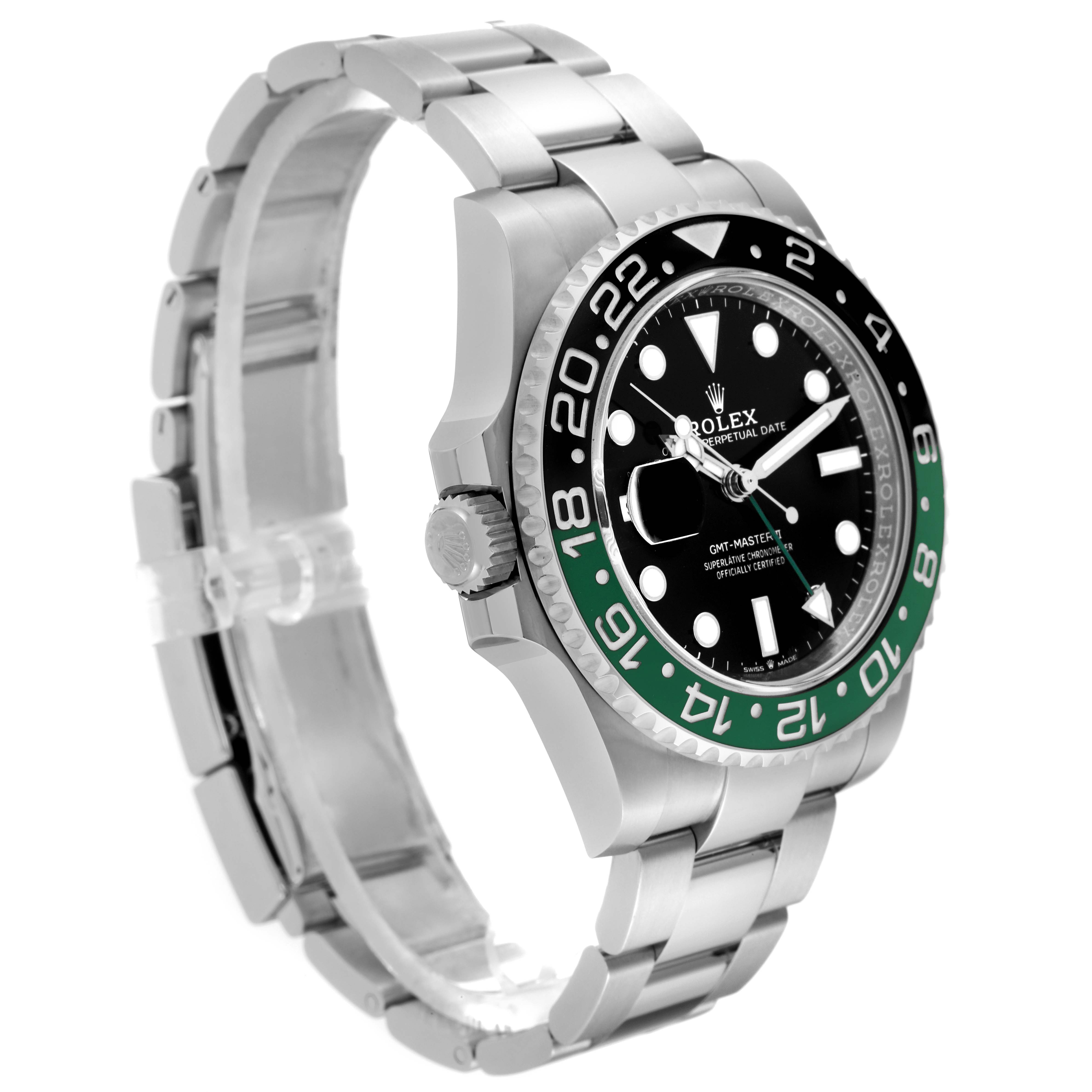 The Rolex GMT-Master 126720 Men
s Stainless Steel Black Dial watch is shown at an angled side view, highlighting its bezel, dial, crown, and bracelet.