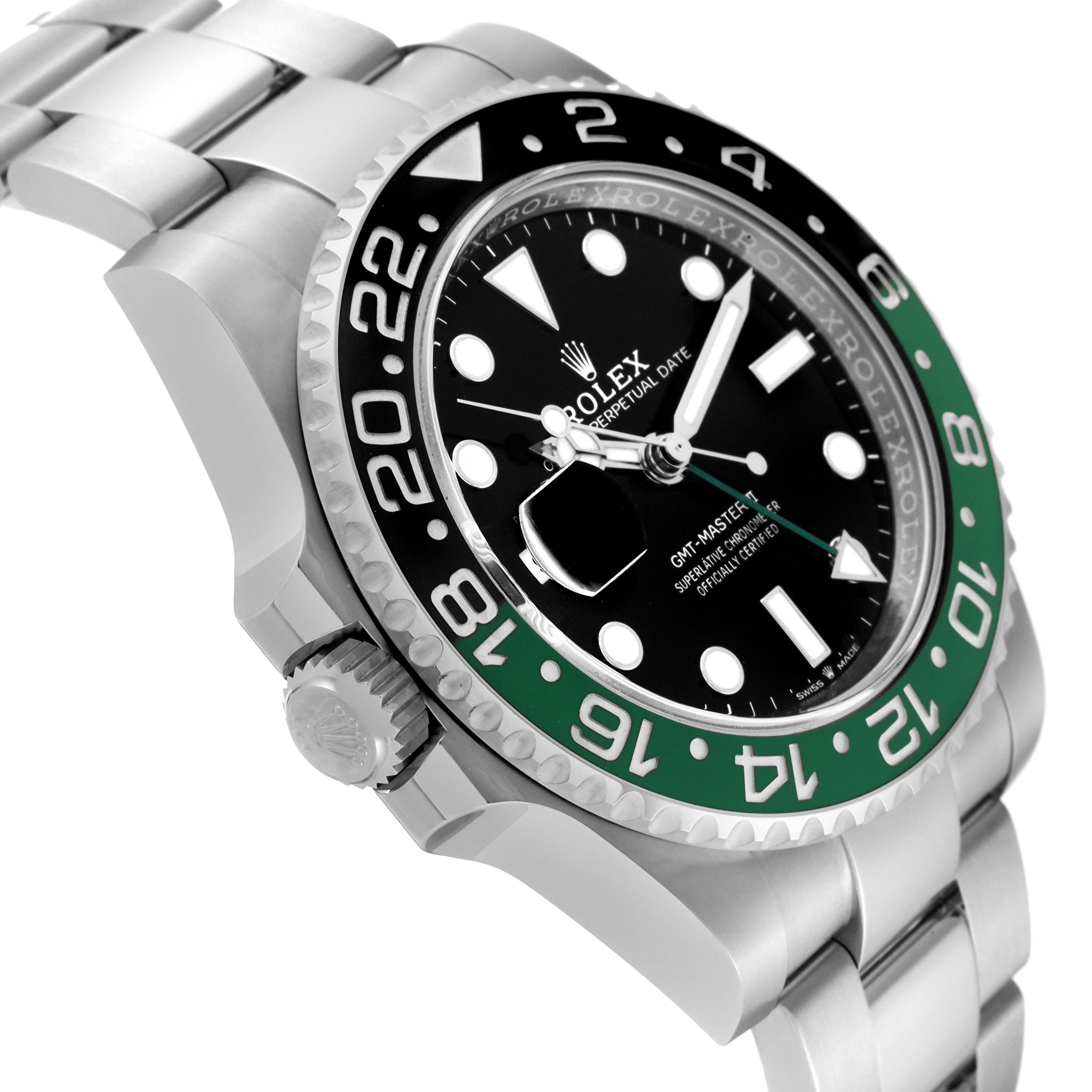 The Rolex GMT-Master 126720 Men
s Stainless Steel Black Dial is shown at an angled side view, highlighting the bezel, crown, and bracelet.