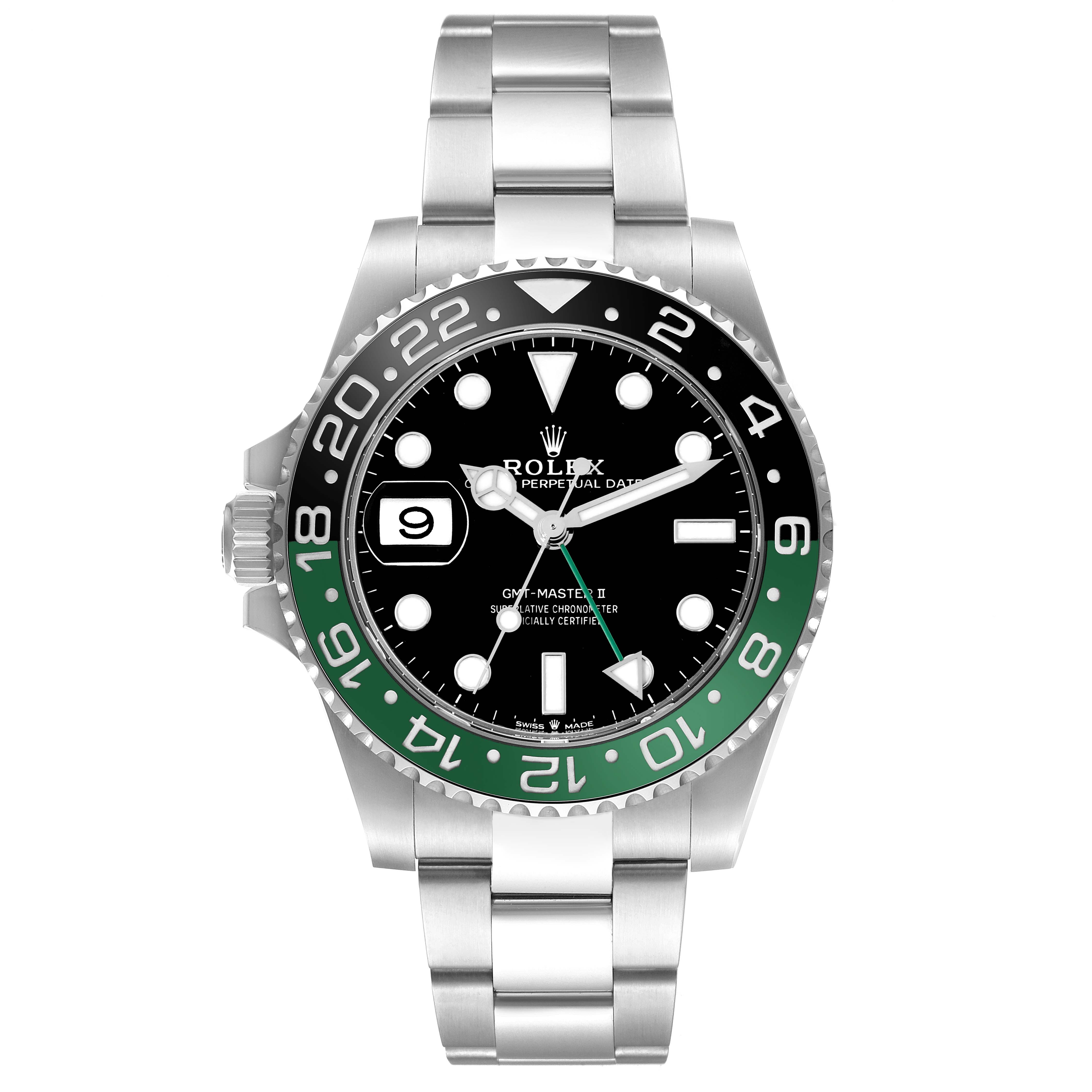 The Rolex GMT-Master 126720 Men
s Stainless Steel Black Dial watch is shown from a top-down angle, displaying the dial, bezel, bracelet, and crown.