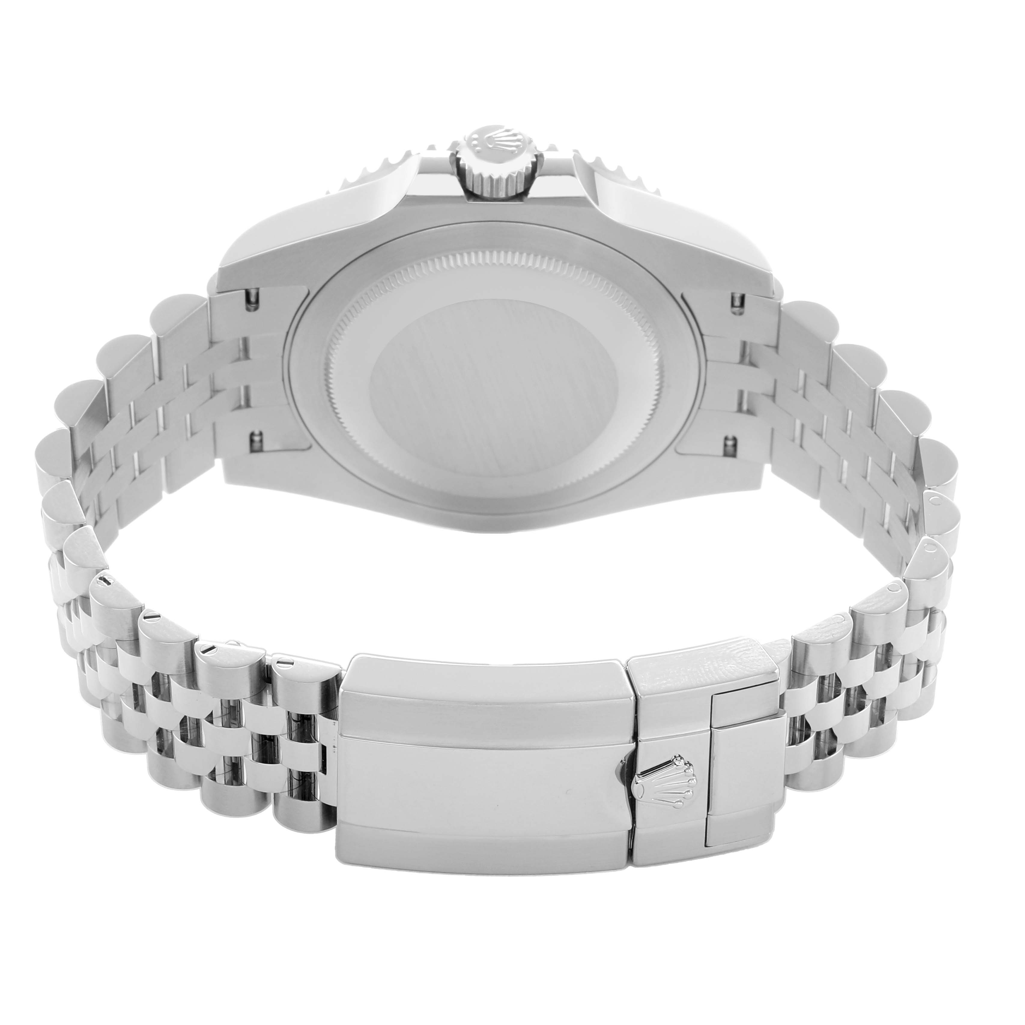 The Rolex GMT-Master 126720 Men
s Stainless Steel Black Dial watch is shown from the back, highlighting the case back and clasp of the bracelet.