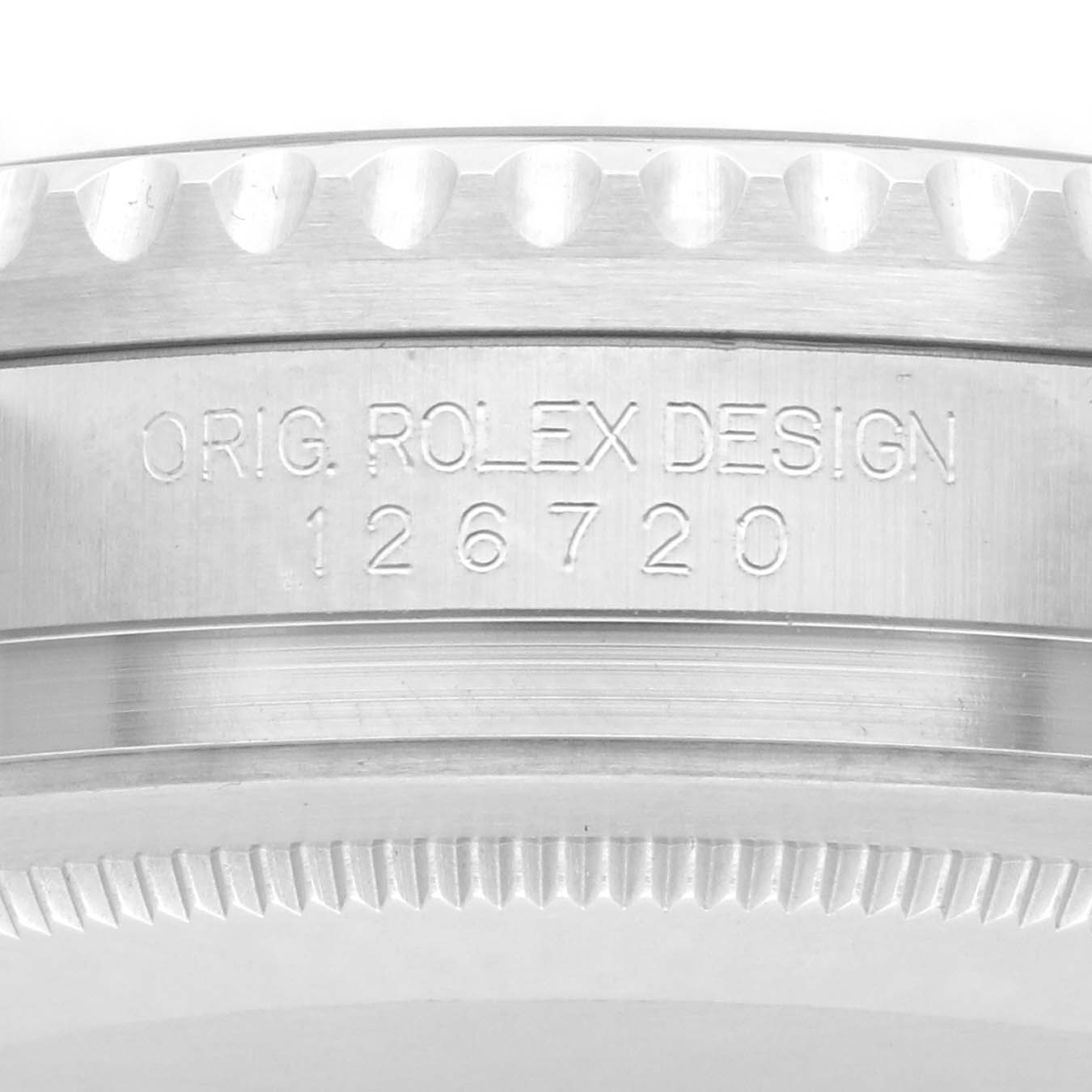 The image shows a close-up of the side of a Rolex GMT-Master 126720 Men
s Stainless Steel Black Dial, highlighting the model number and bezel edge.