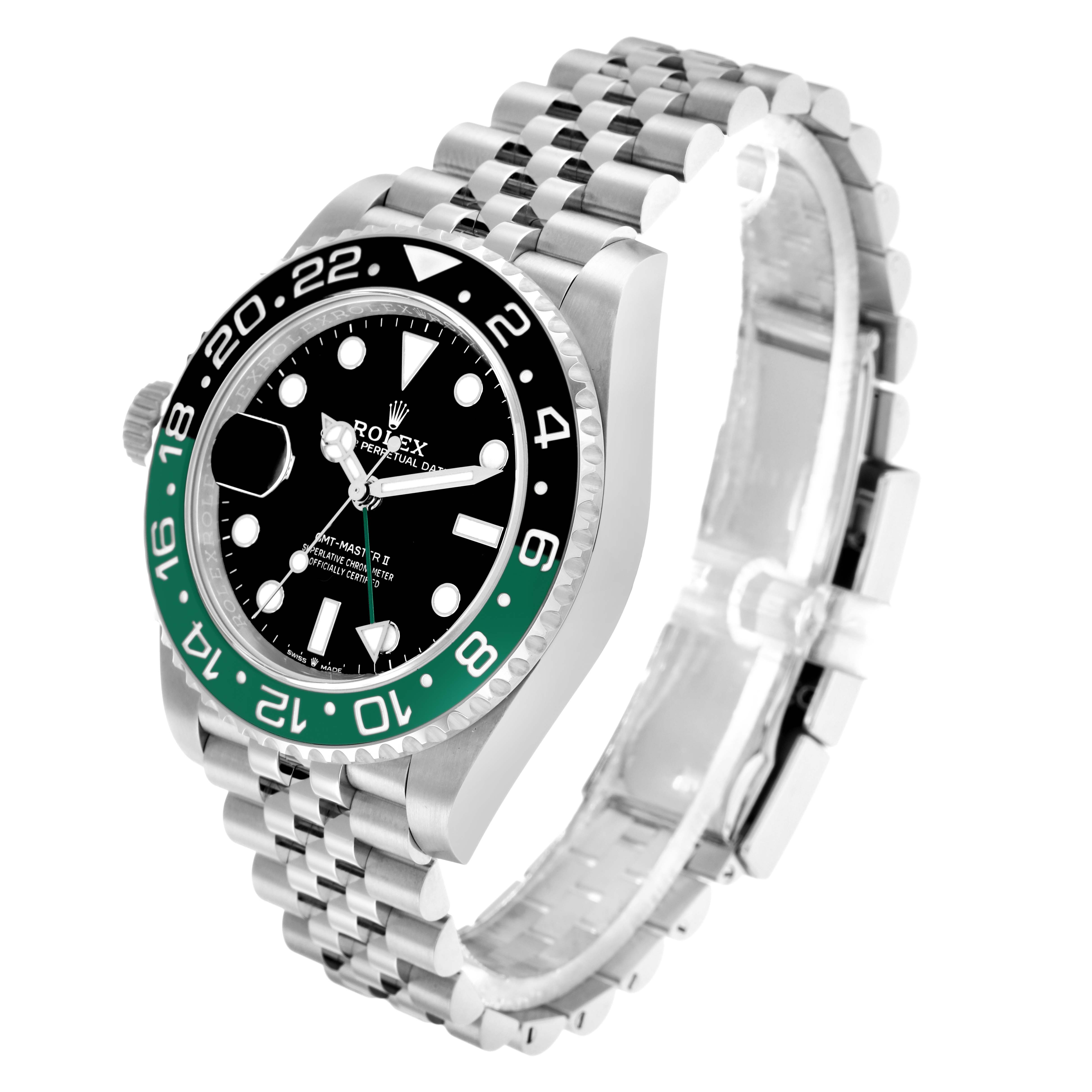 The Rolex GMT-Master 126720 Men
s Stainless Steel Black Dial watch is shown at an oblique angle, highlighting the bezel, dial, and bracelet.