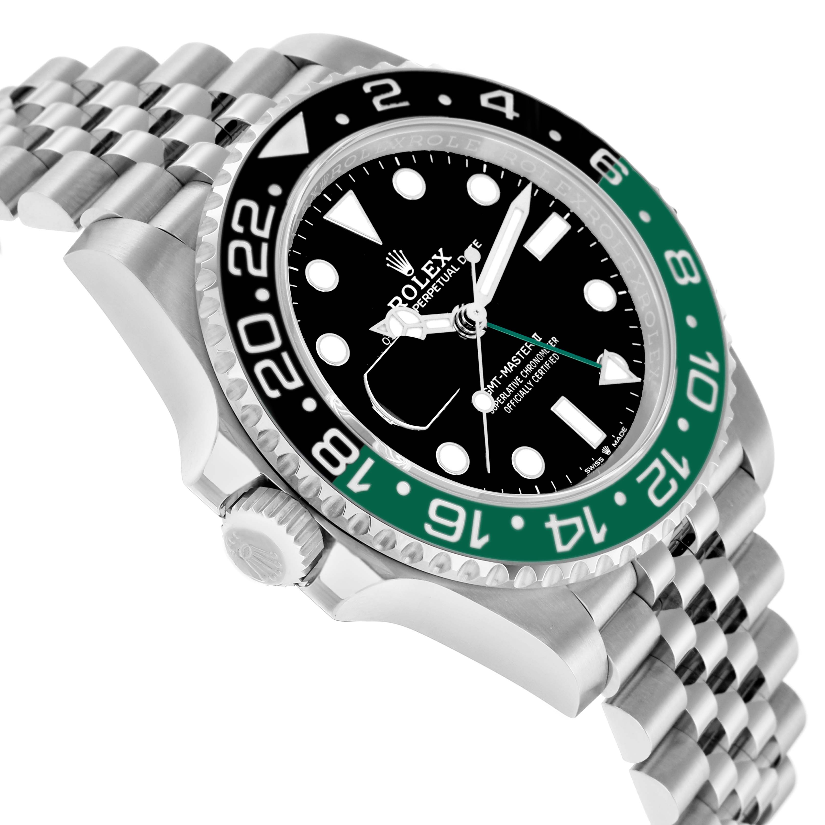The Rolex GMT-Master 126720 Men
s Stainless Steel Black Dial watch is shown at an angled side view, highlighting the bezel, crown, dial, and bracelet.