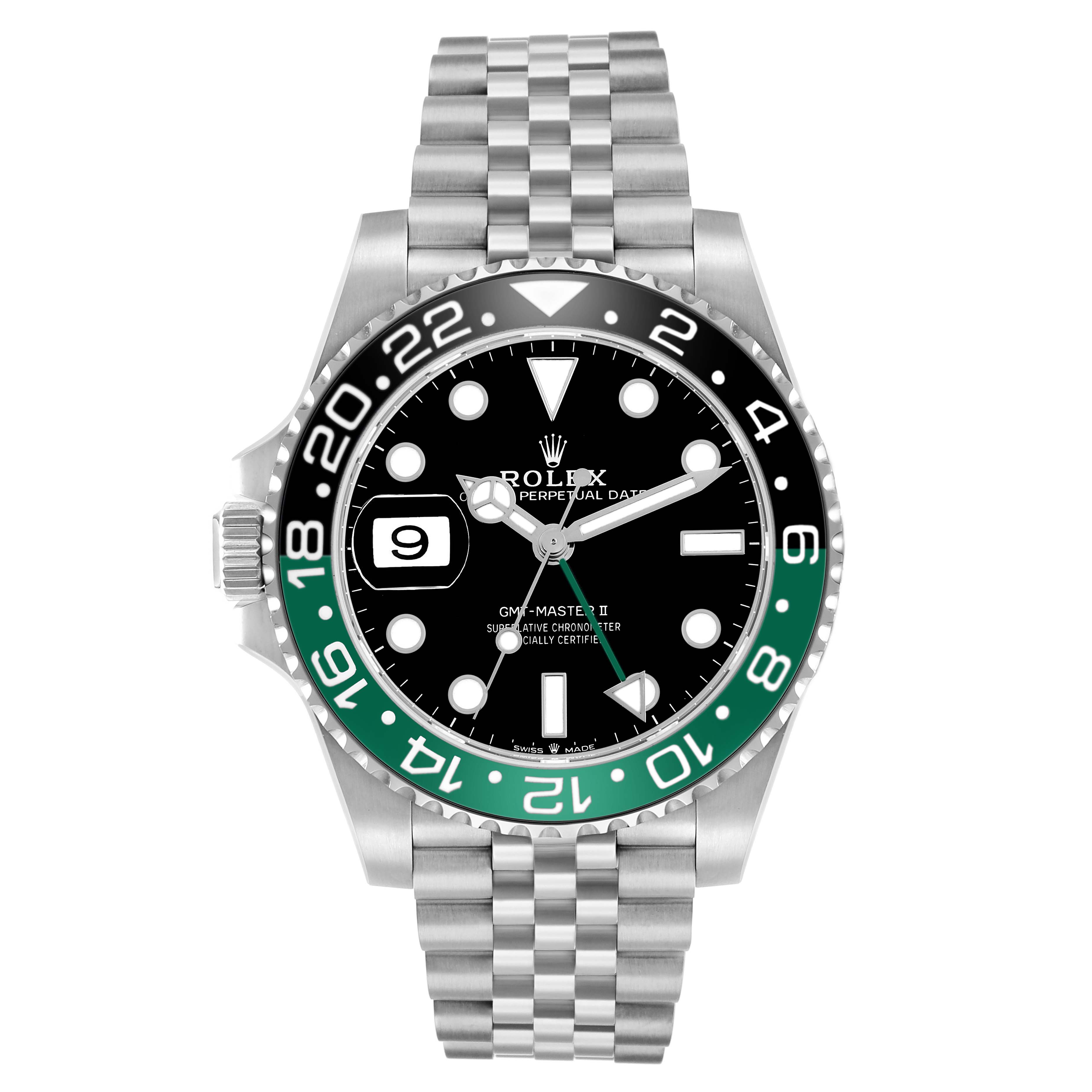 The Rolex GMT-Master 126720 Men
s Stainless Steel Black Dial model is shown from a front angle, highlighting the dial, bezel, and bracelet.